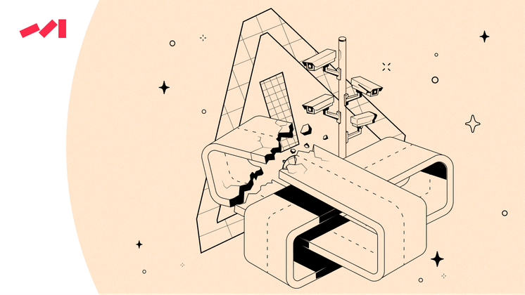 The image features an abstract illustration of a desk with various objects on it, including a chair and a book. The desk is situated within a black and white line drawing that appears to be a representation of a building. The desk has a unique design, featuring two staircases leading up to it. The overall composition of the artwork creates a sense of depth and complexity, making it an interesting visual piece.