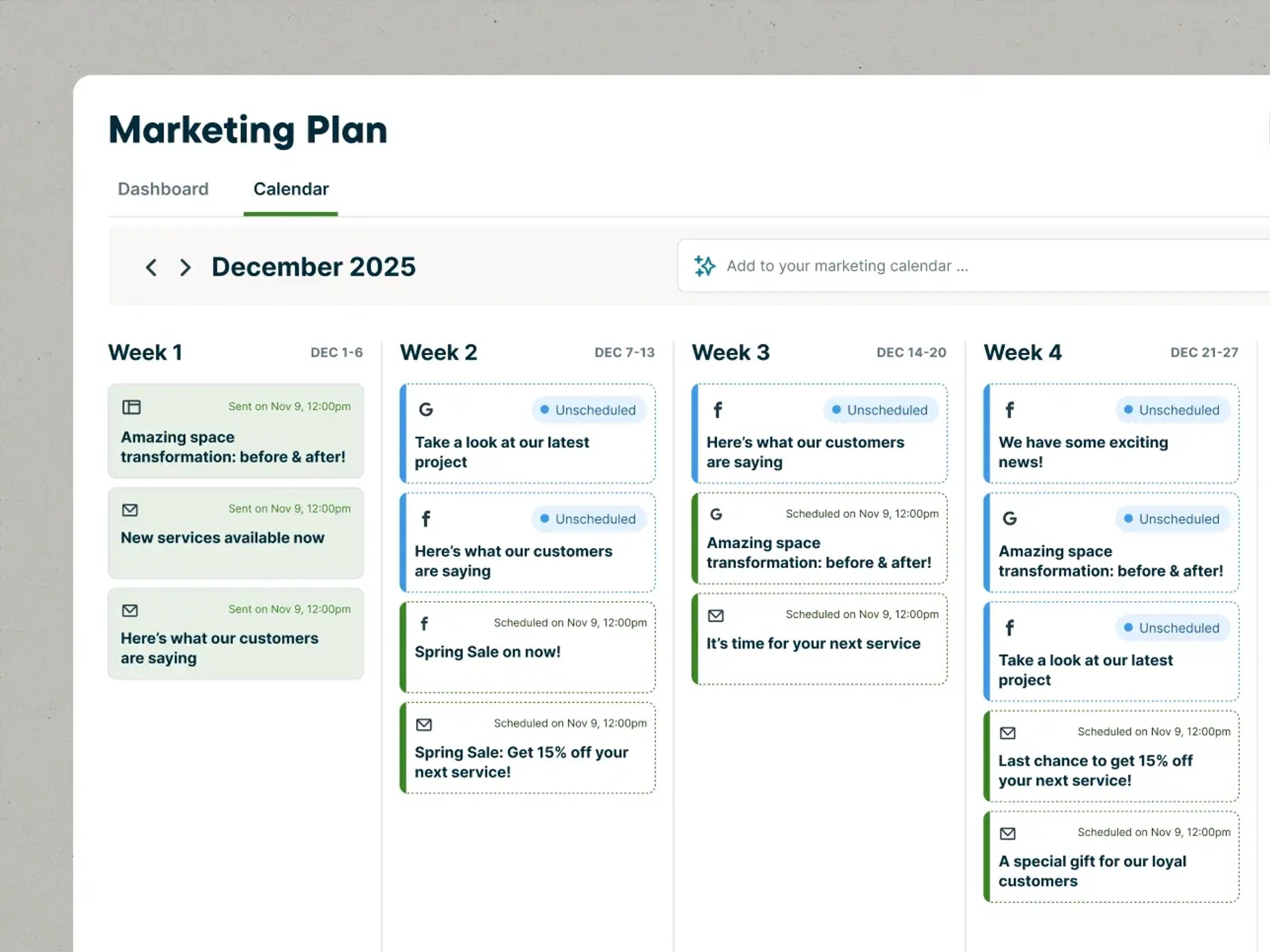 Desktop View of Jobber's Marketing Planner Feature