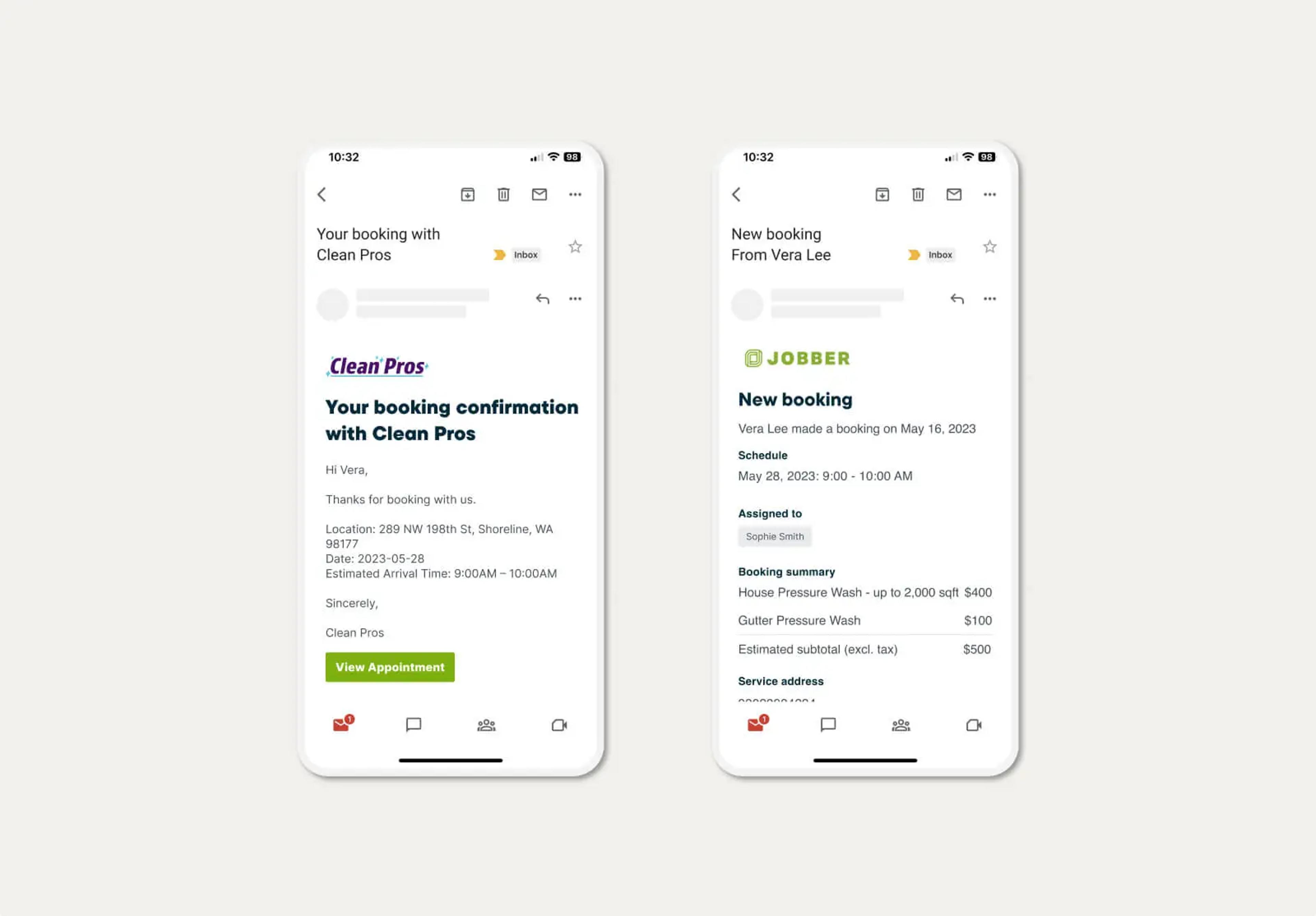 Two mobile devices displaying automatic notifications and confirmations within Jobber's online booking feature