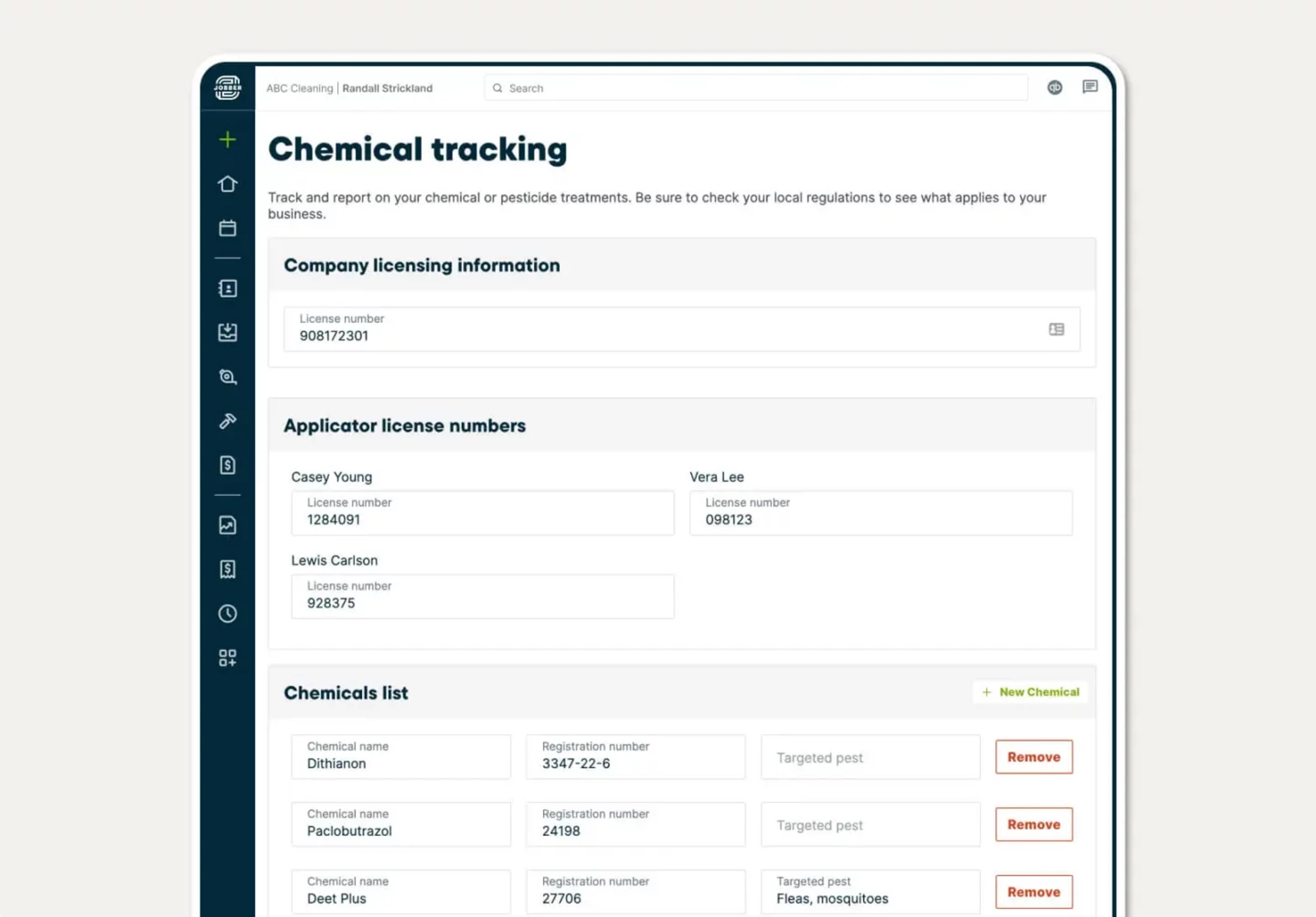 Chemical tracking form in Jobber with fields for every detail on company licensing, application licensing, and chemicals used