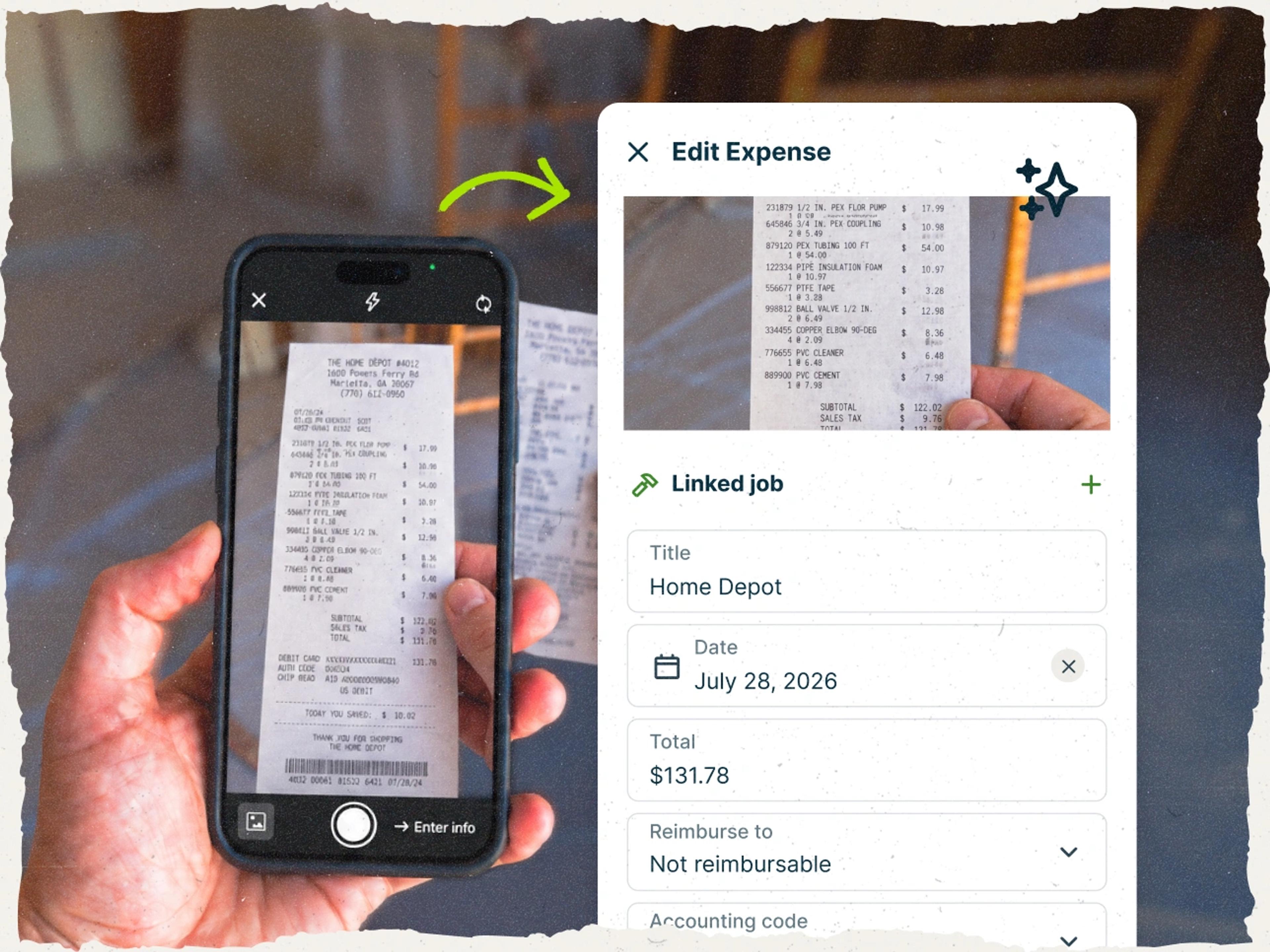 Job expense form based on photo receipt