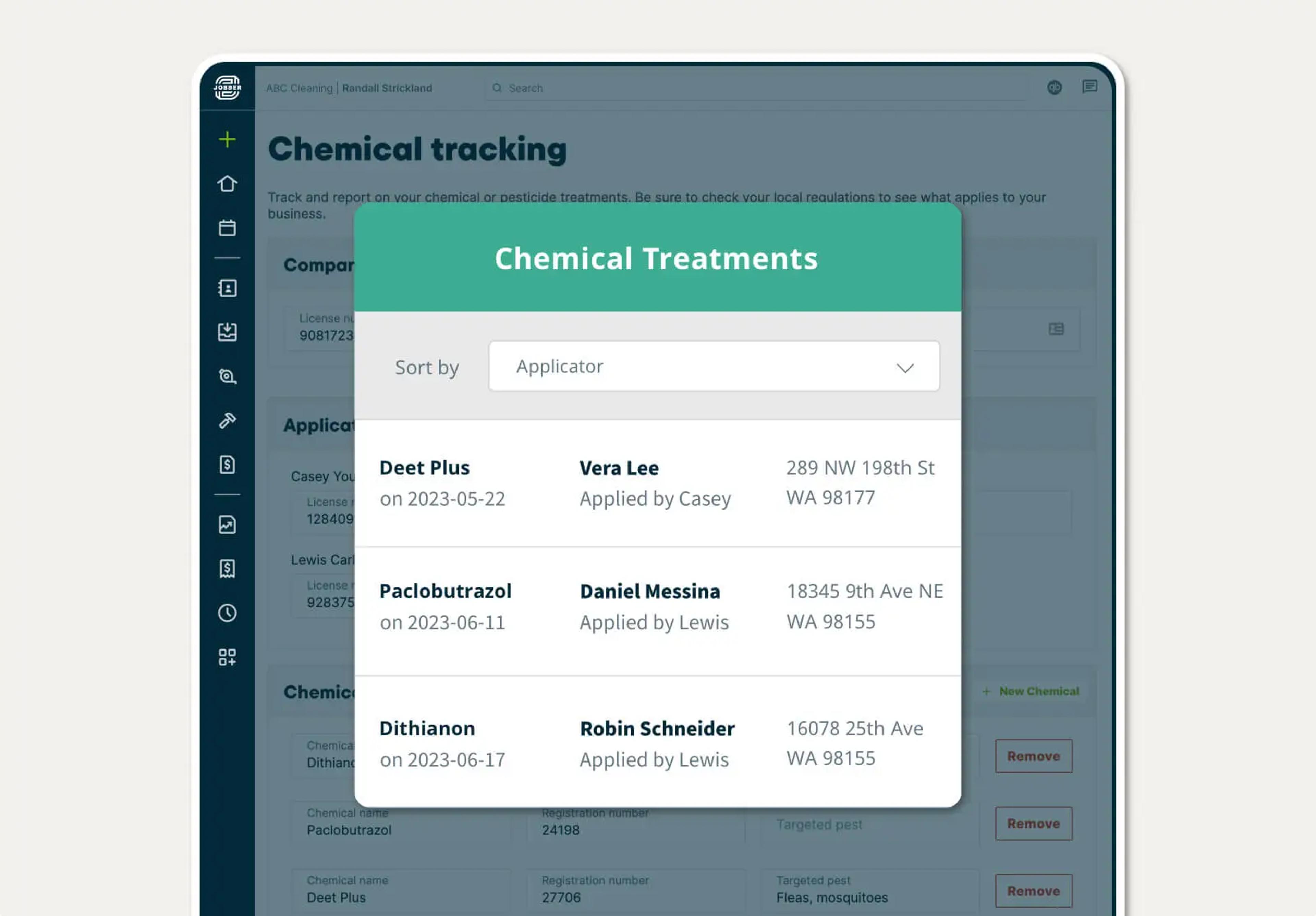 Chemical treatment report in Jobber with details on chemical type, applicator, and client’s property address