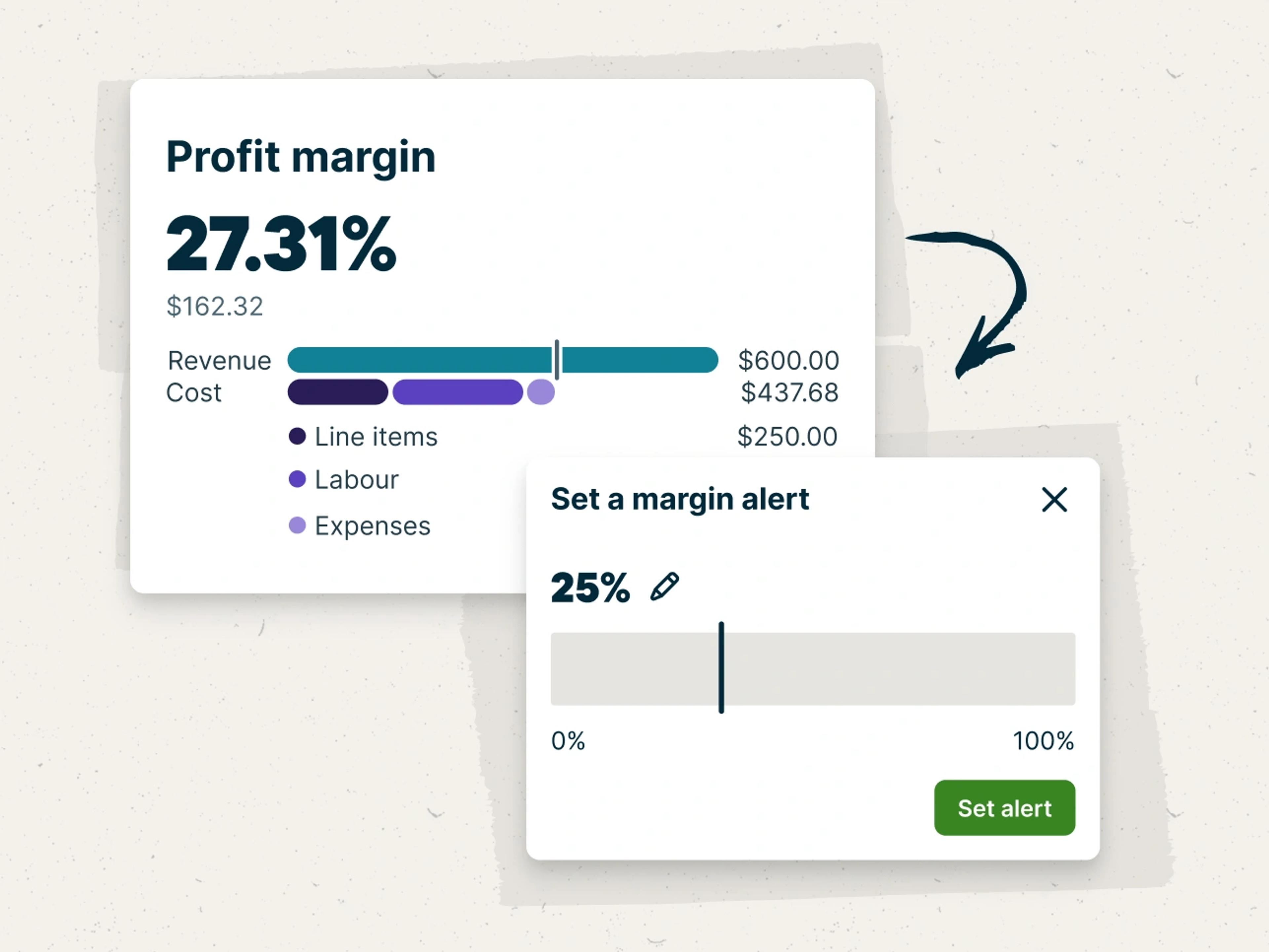 Job profit bar showing the profit margin and job costs on a quote in Jobber