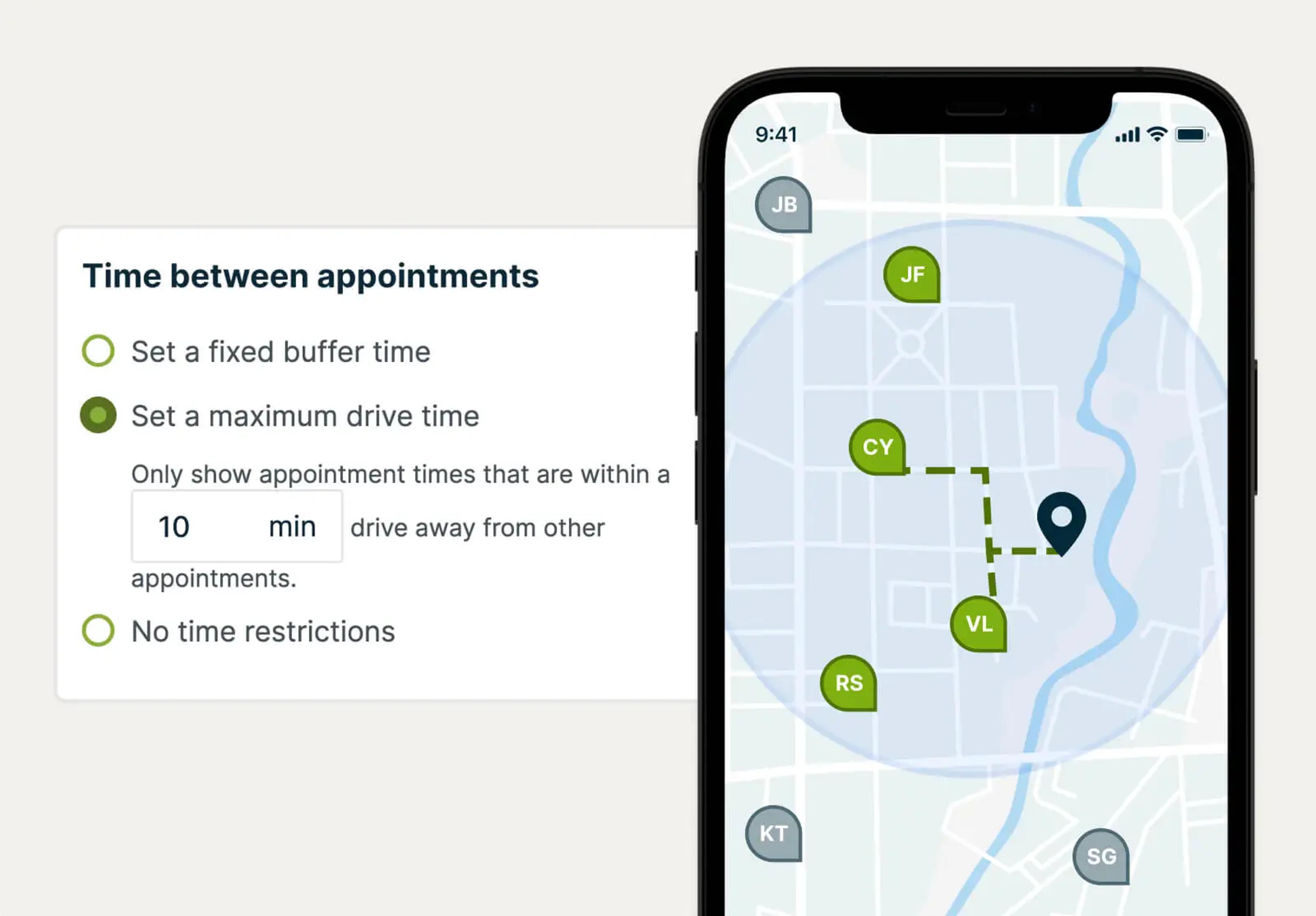 Online booking scheduling efficiency settings in Jobber with the option to set a maximum drive time between appointments