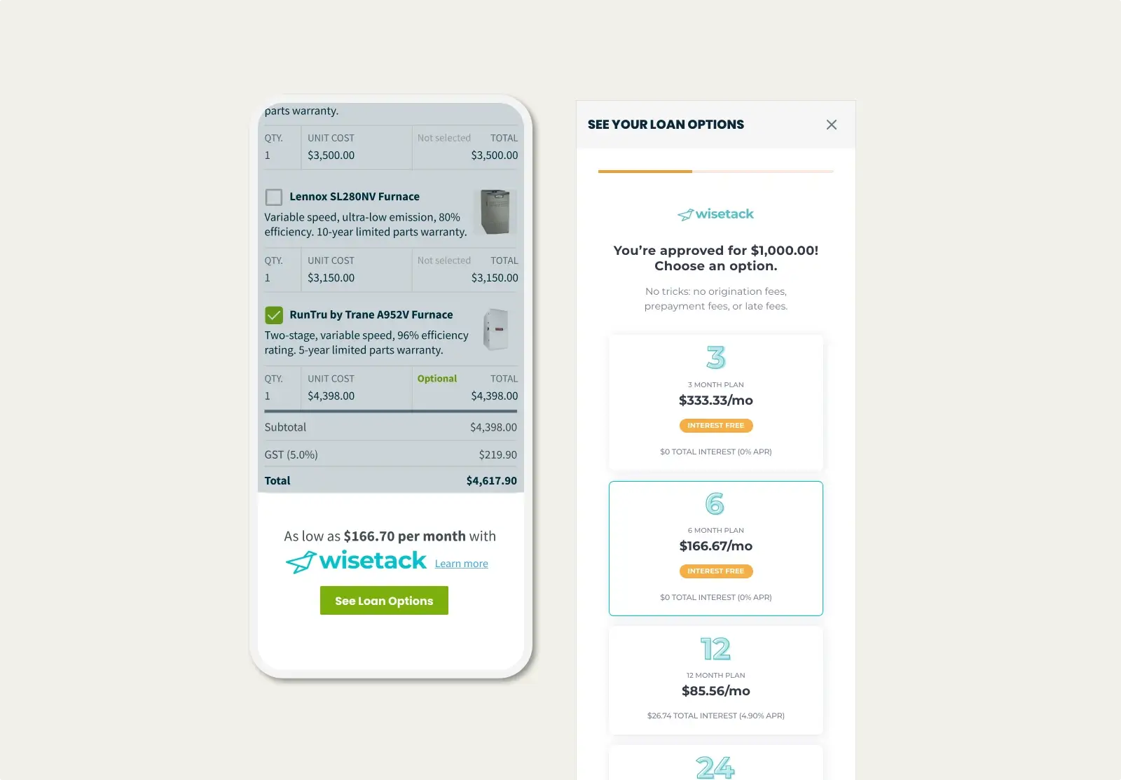 Wisetack consumer financing loan options shown in a Jobber quote