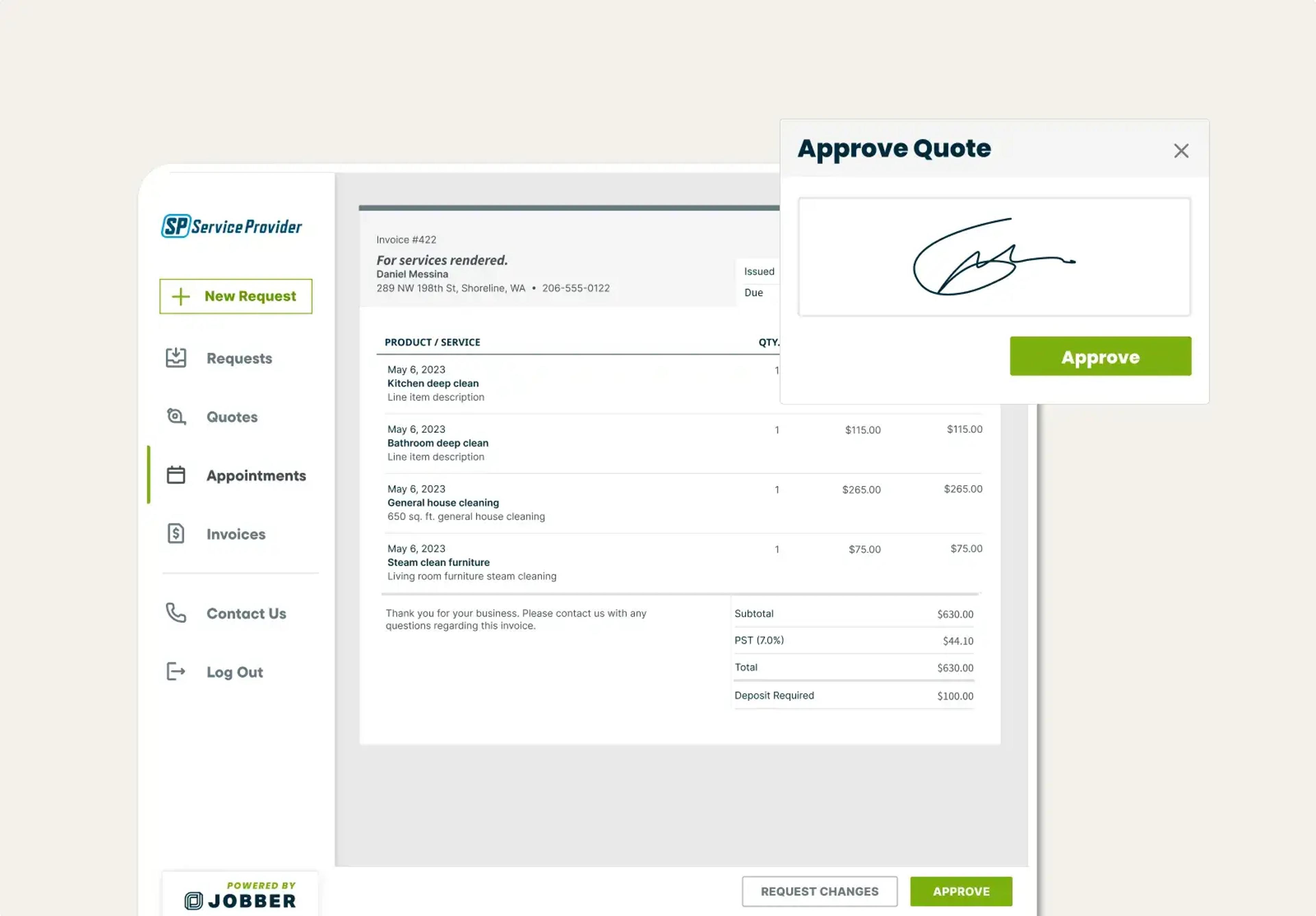 Signature on a quote that’s being approved in Jobber’s client hub
