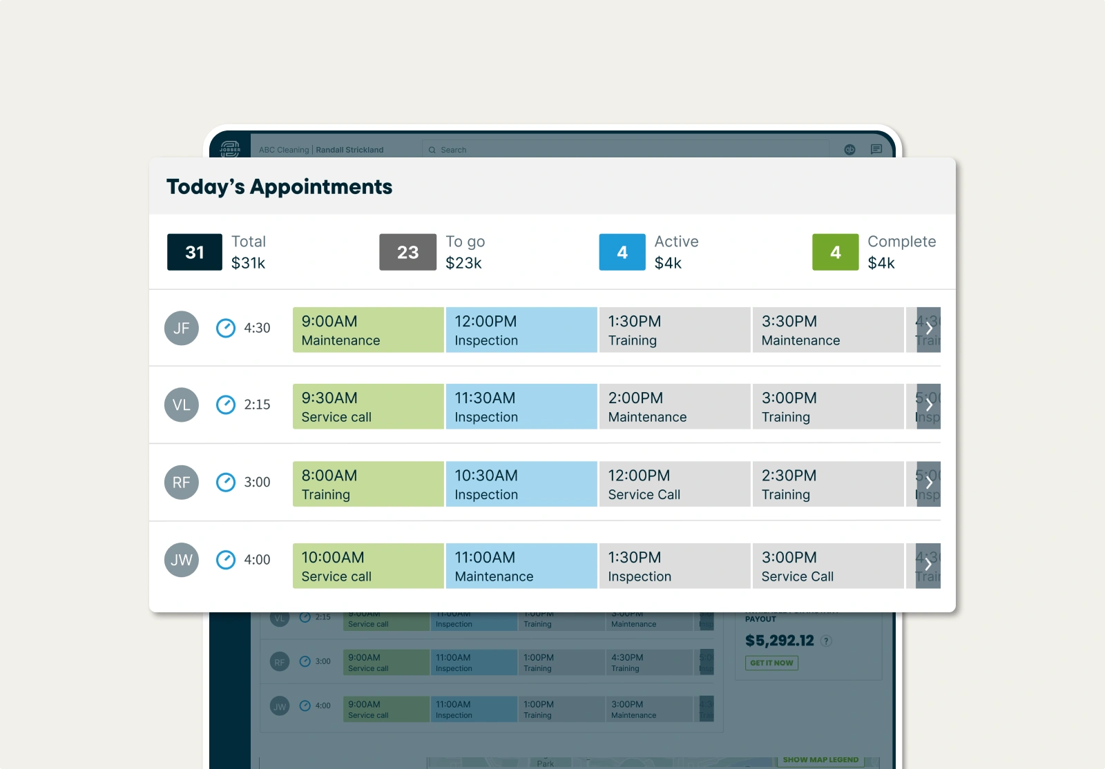 View of today’s appointments with scheduled times and visit types in Jobber’s business dashboard