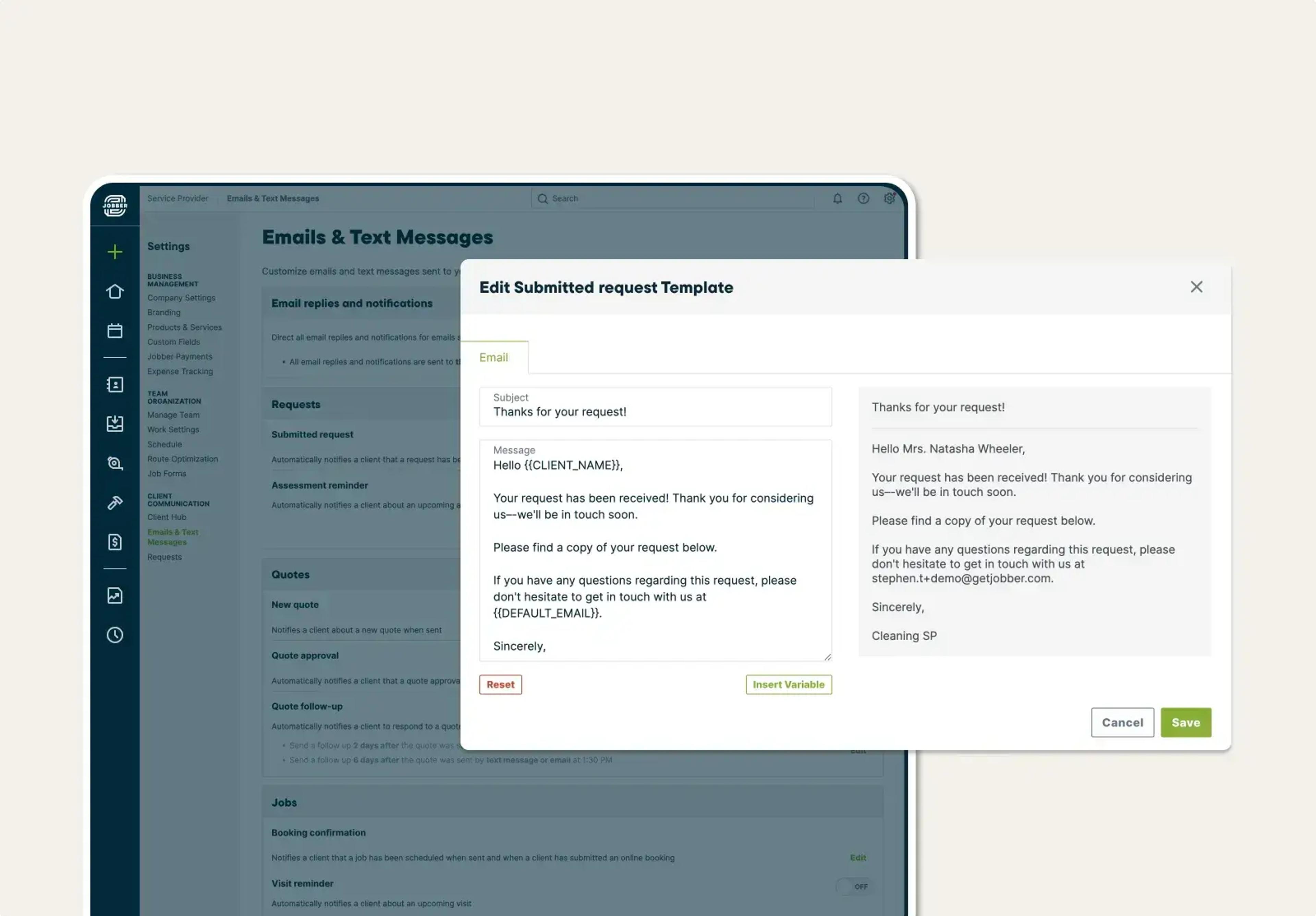 Jobber template for an email thanking a customer for their request