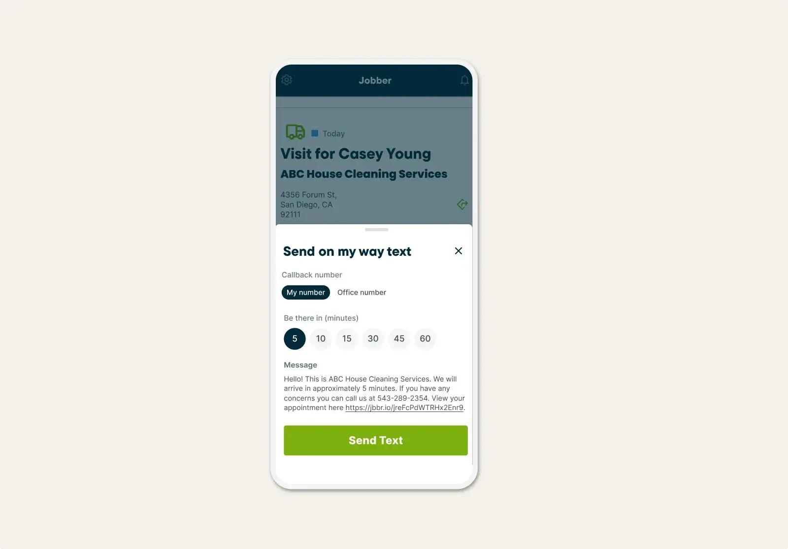 On-my-way text sent from a service provider to a customer through Jobber