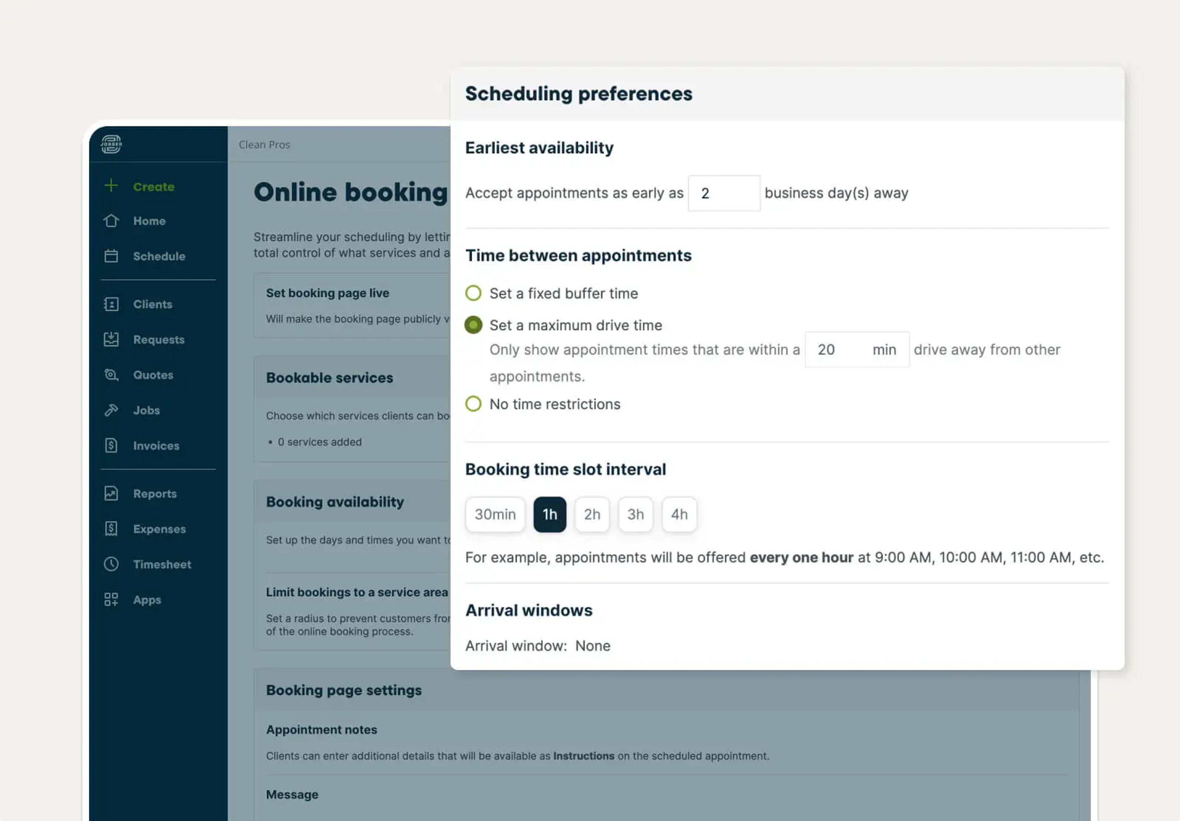 Scheduling preference settings in Jobber's online booking software