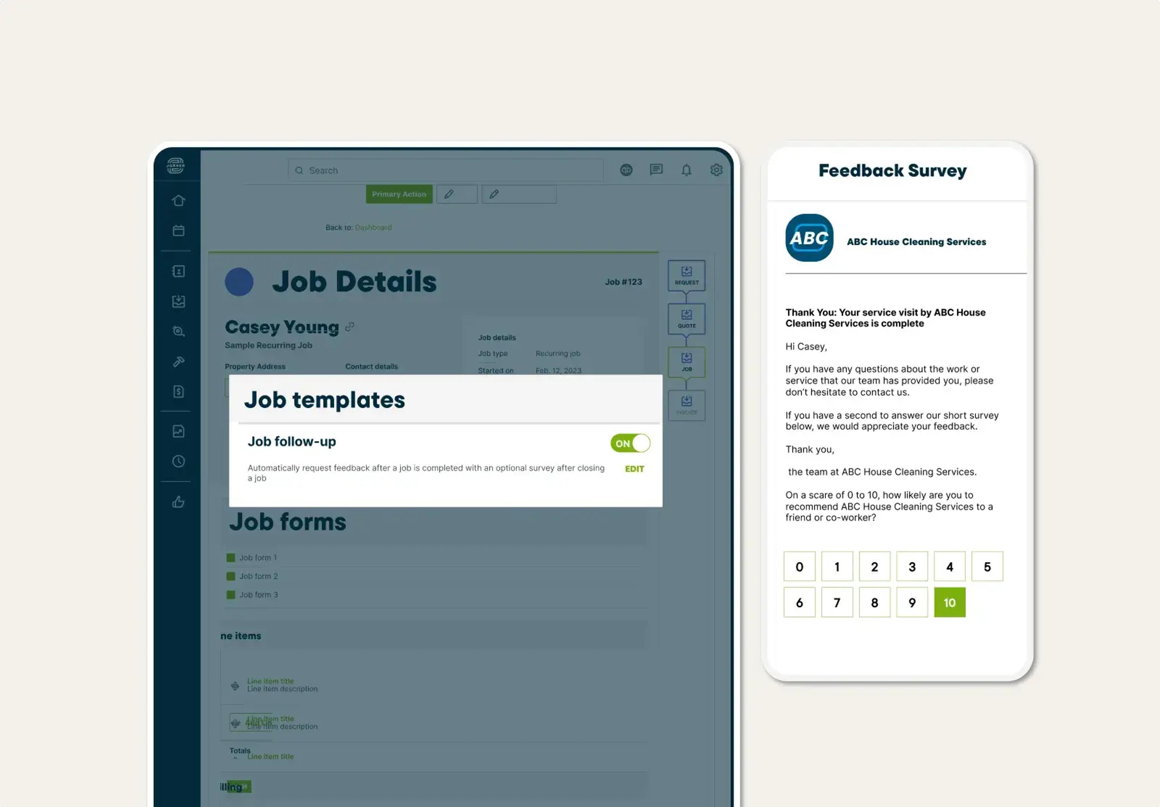 Client feedback survey sent from a service provider through Jobber