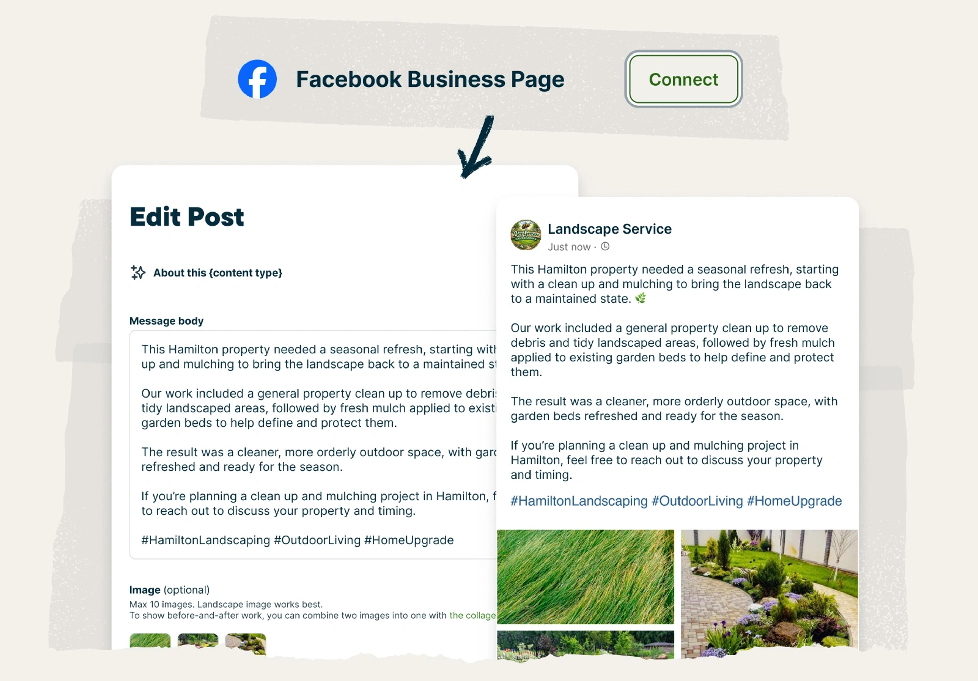 Jobber social posting publishes directly to Facebook and Instragram