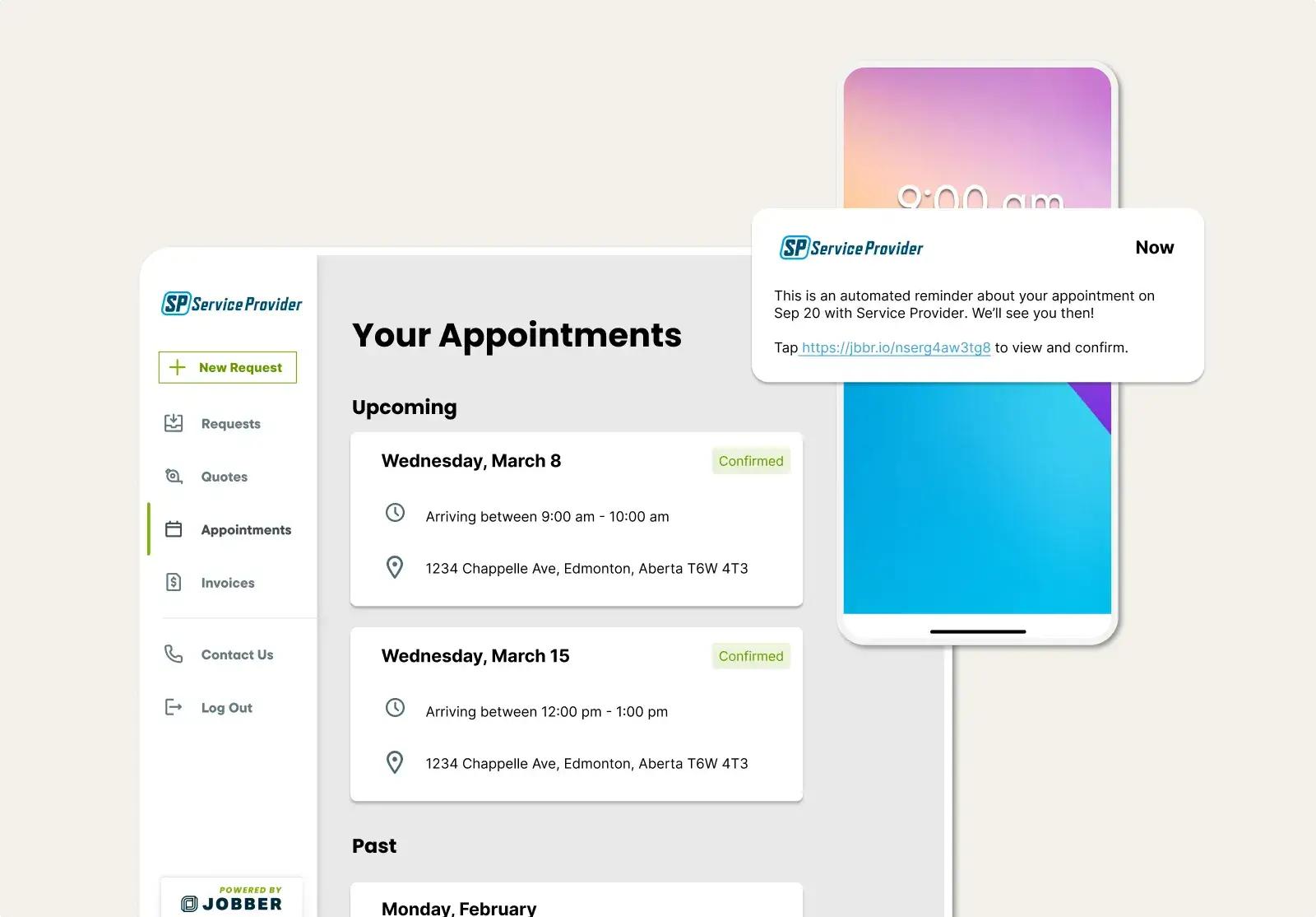 Appointment details in client hub and a visit reminder message sent through the Jobber mobile app