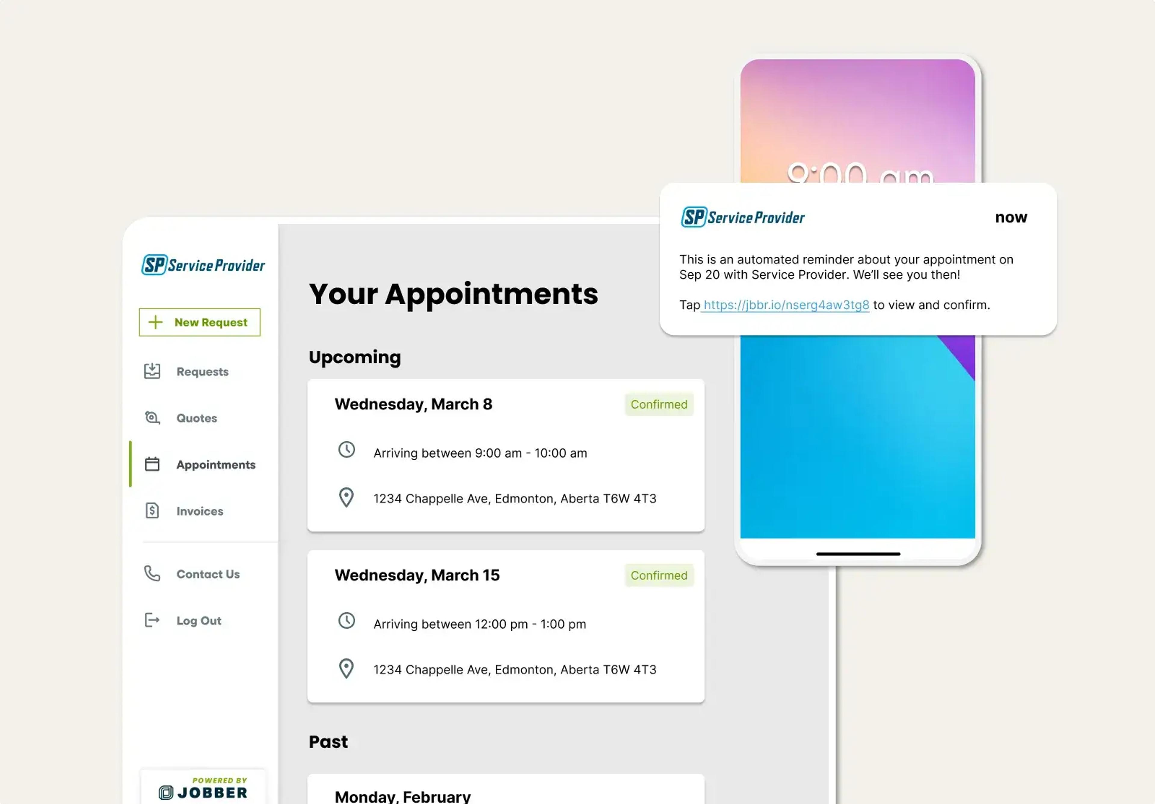 List of a customer’s upcoming appointments in Jobber’s client hub and an automated reminder about the next upcoming appointment