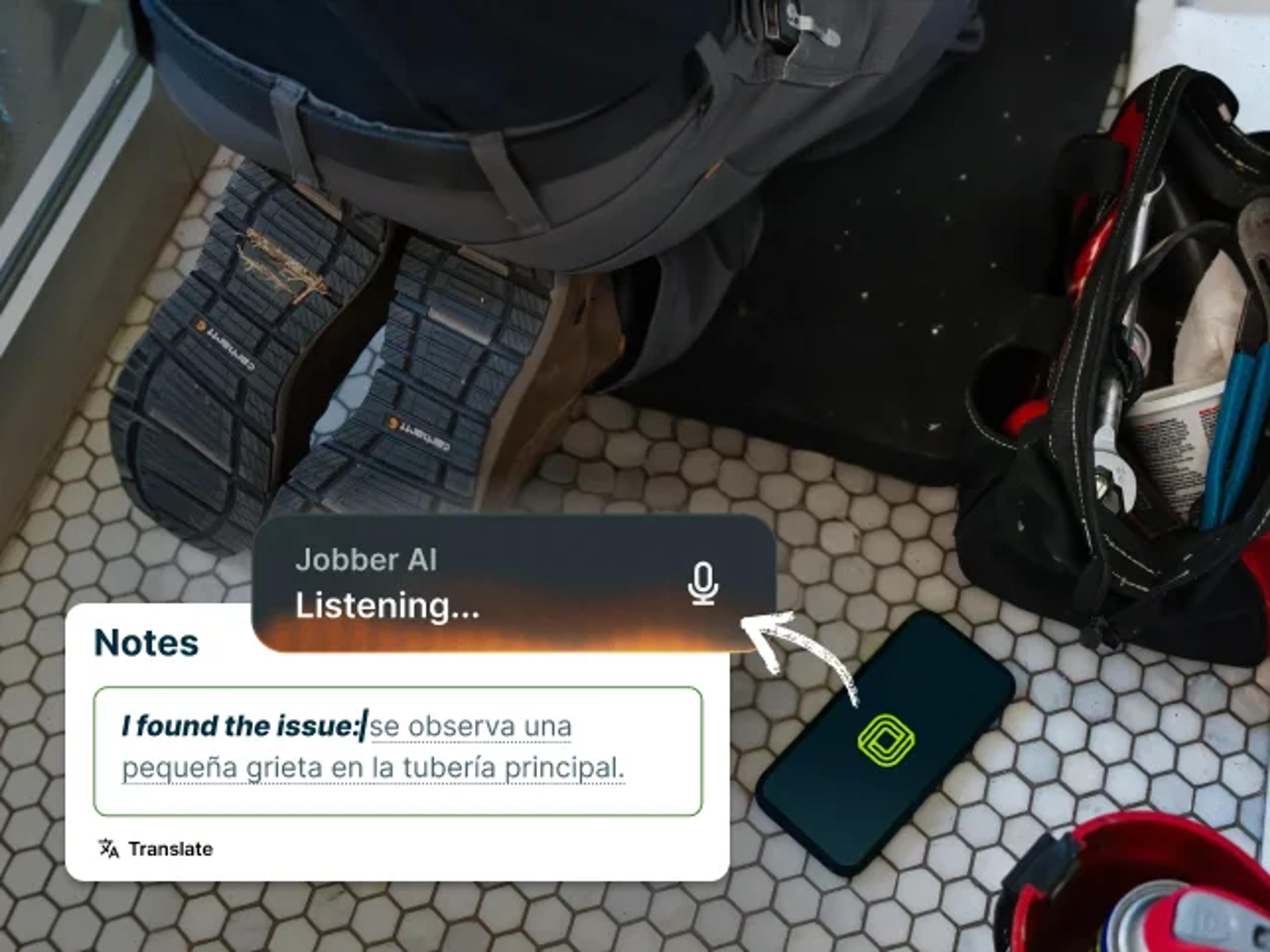Visual mockup of Jobber Voice listening and recording notes from a field service worker, a feature of Jobber's Field Documentation software