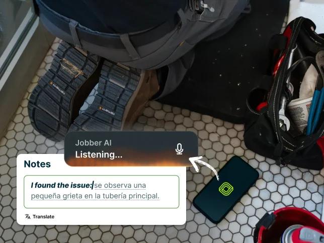 Visual mockup of Jobber Voice listening and recording notes from a field service worker, a feature of Jobber's Field Documentation software