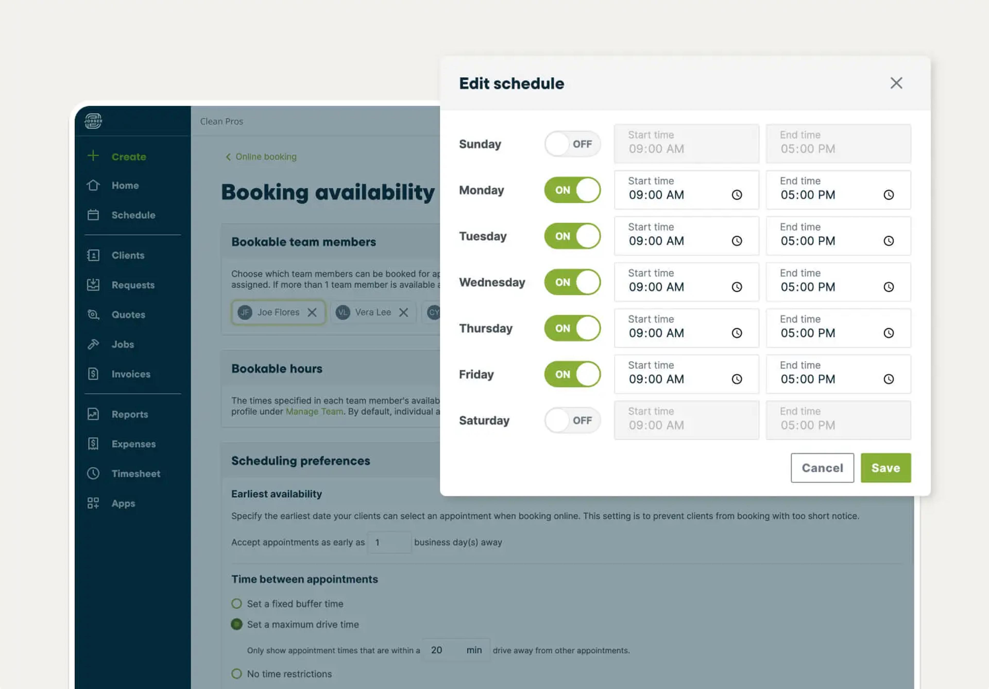 Bookable team member settings in Jobber's online booking software