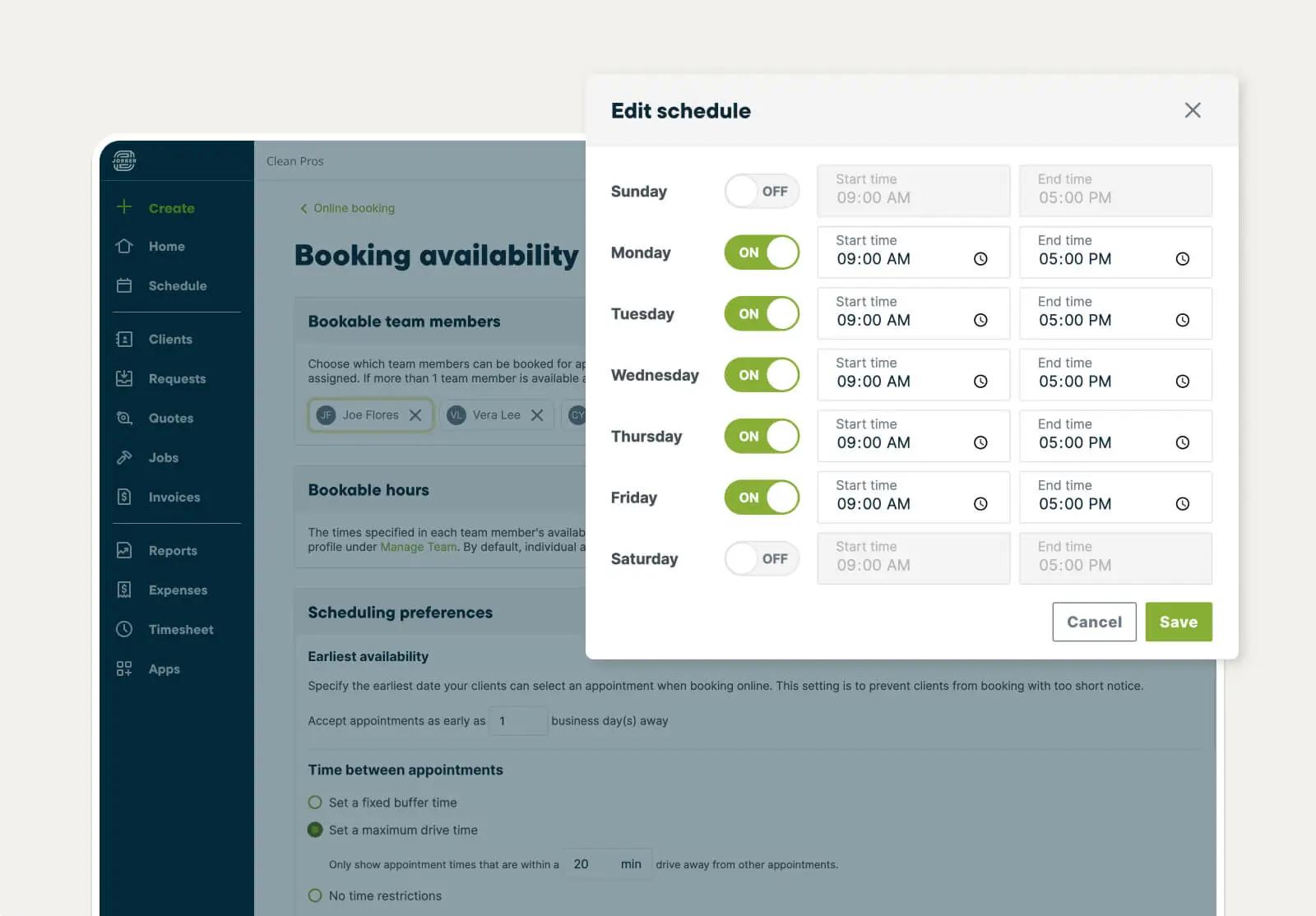 Bookable team member settings in Jobber's online booking software