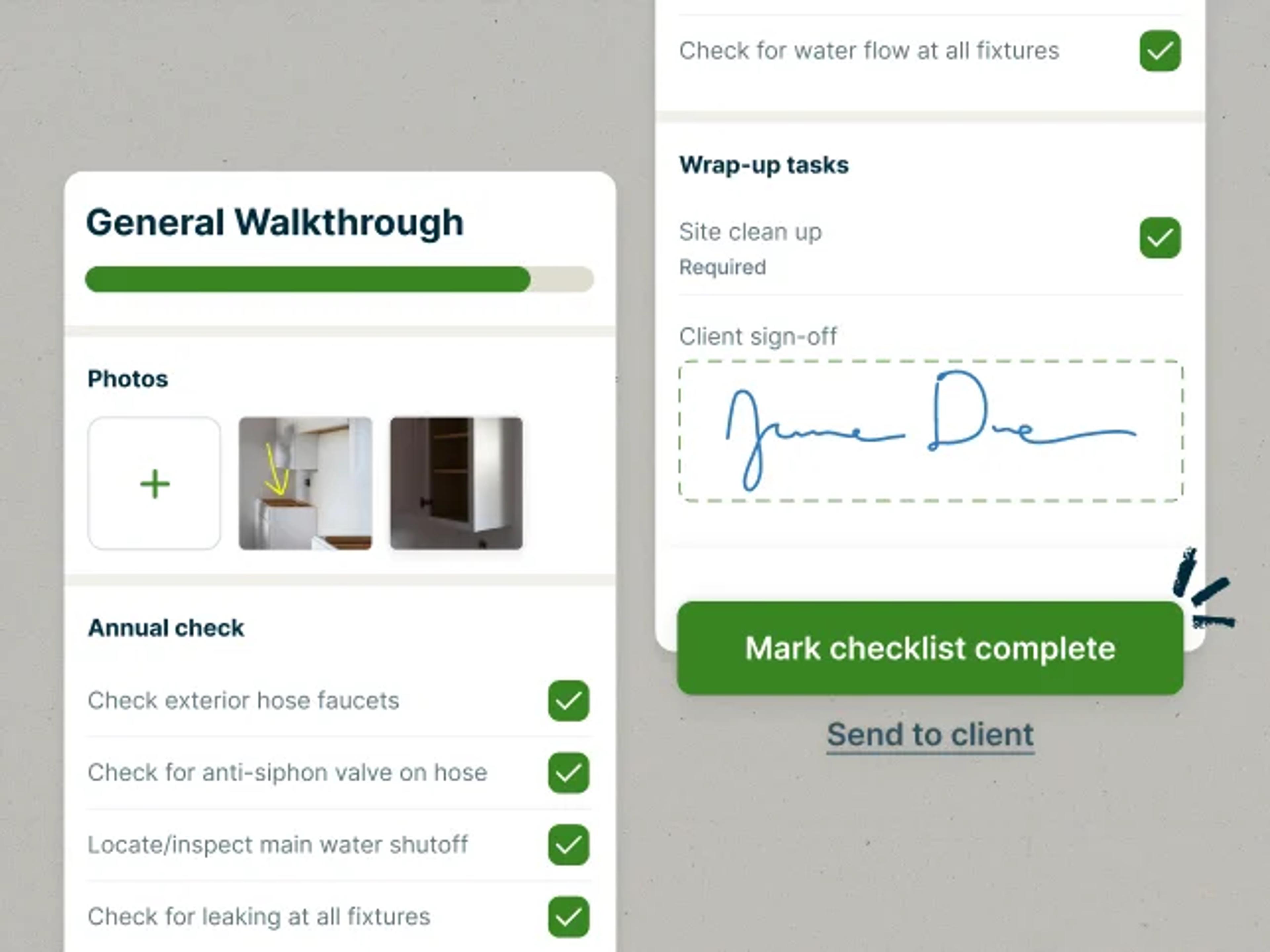 Mockup of checklists for jobs and assessments to use in the field, a feature of Jobber's Field Documentation software