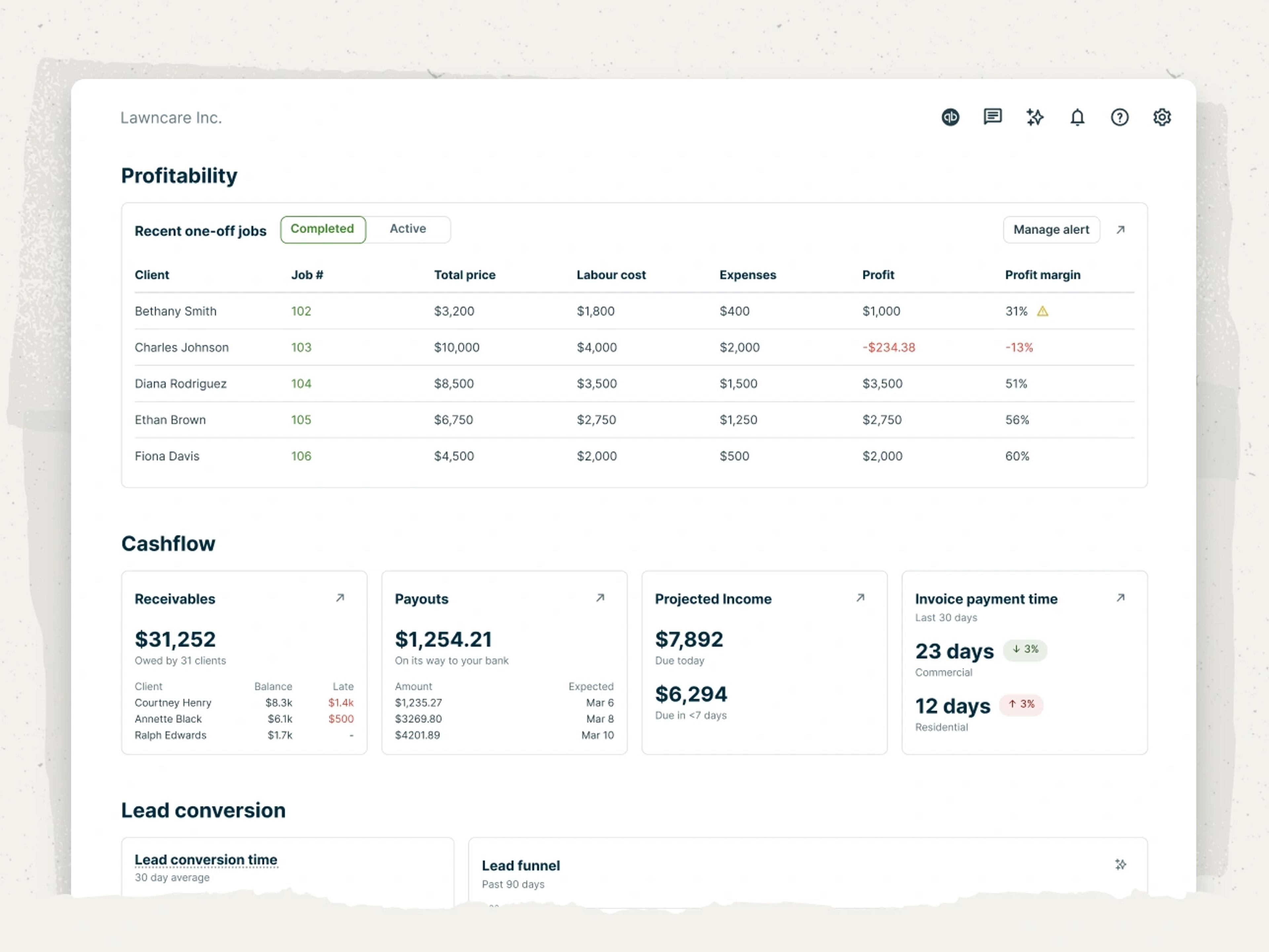 A report in Jobber showing one-off jobs and their revenue, expense totals, labor costs, and line item costs