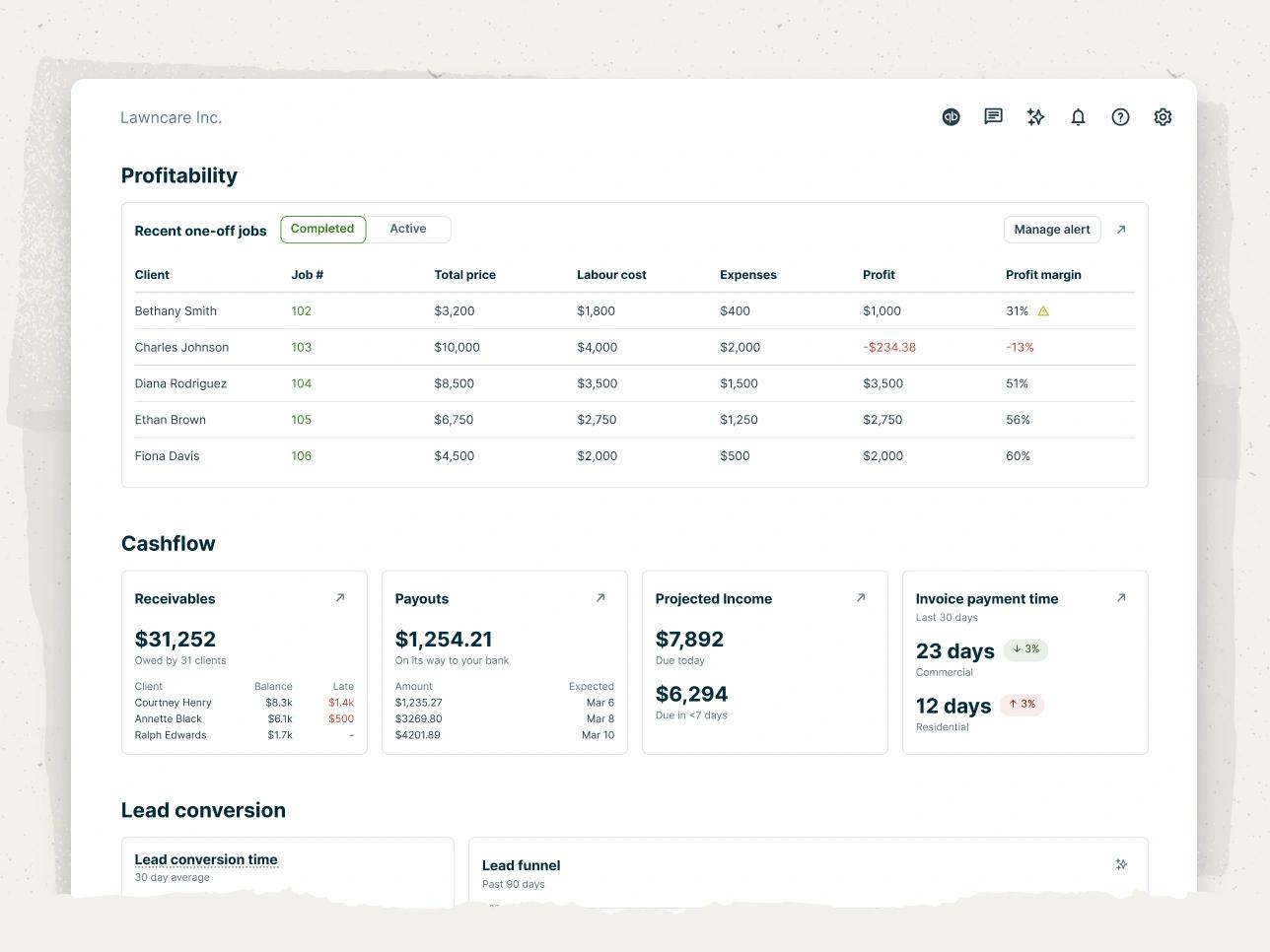 A report in Jobber showing one-off jobs and their revenue, expense totals, labor costs, and line item costs