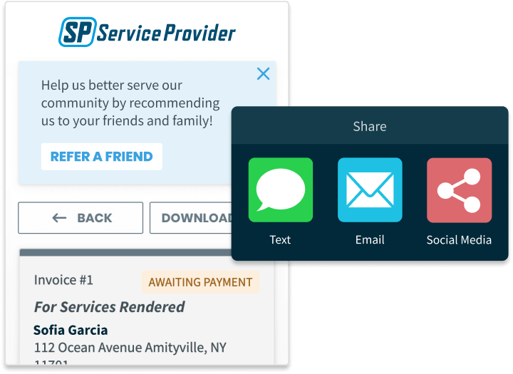 A prompt message in Jobber’s client hub asking a customer to refer the service provider to a friend, showing social media sharing links