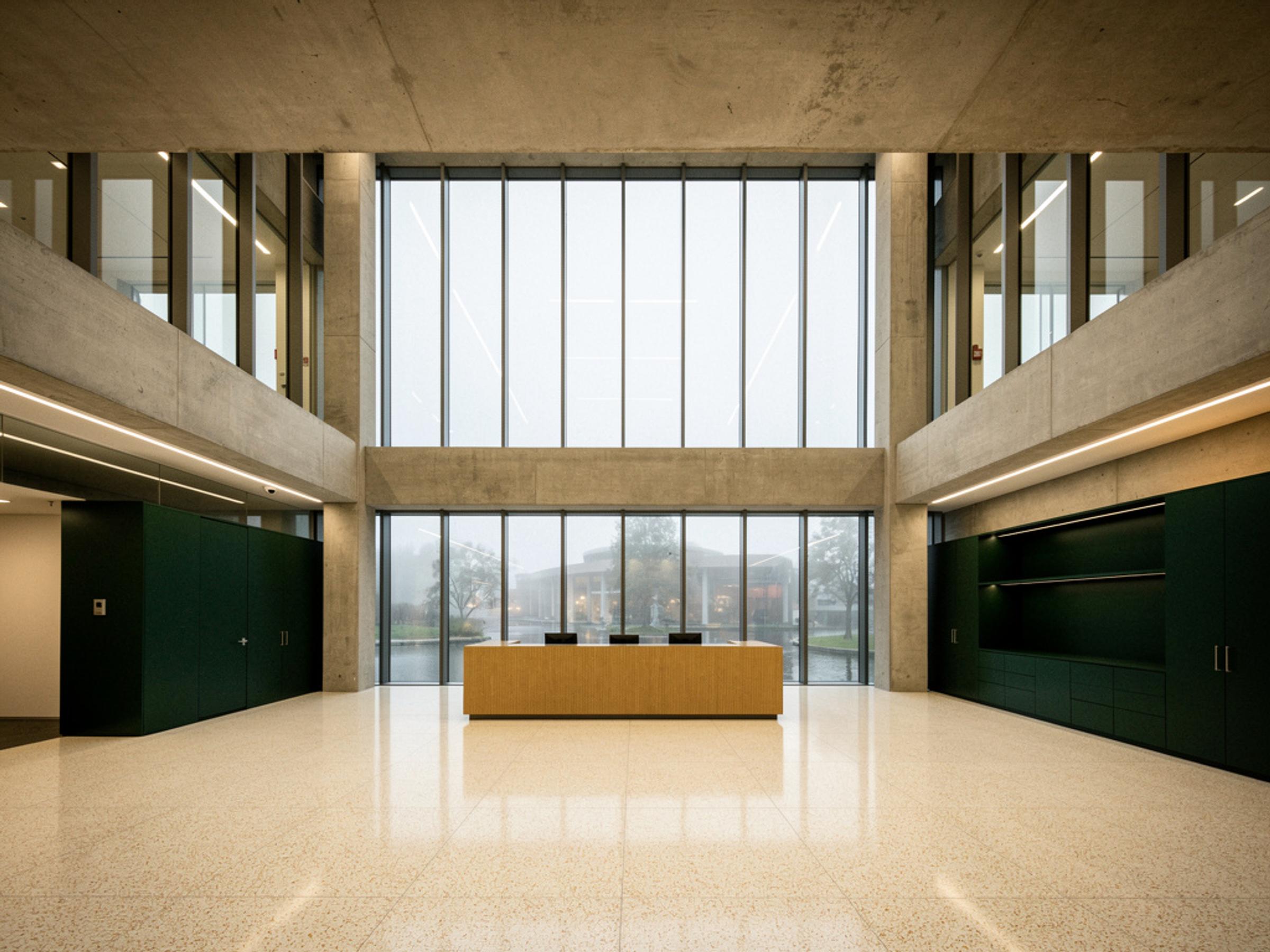 The lobby of a completed commercial office building, illustrative of the building type