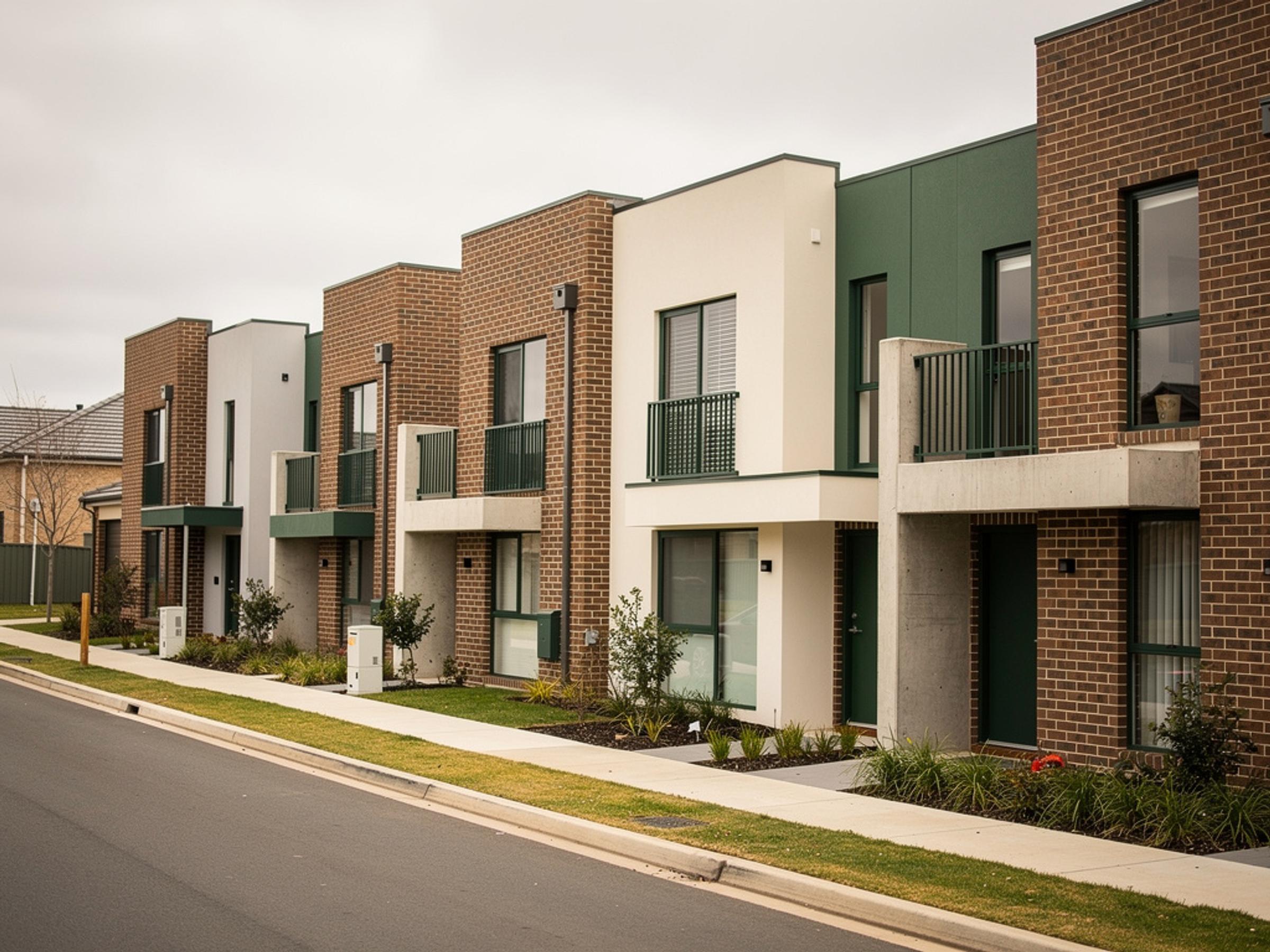 A completed row of two-storey terrace townhouses on an infill street, illustrative of the building type