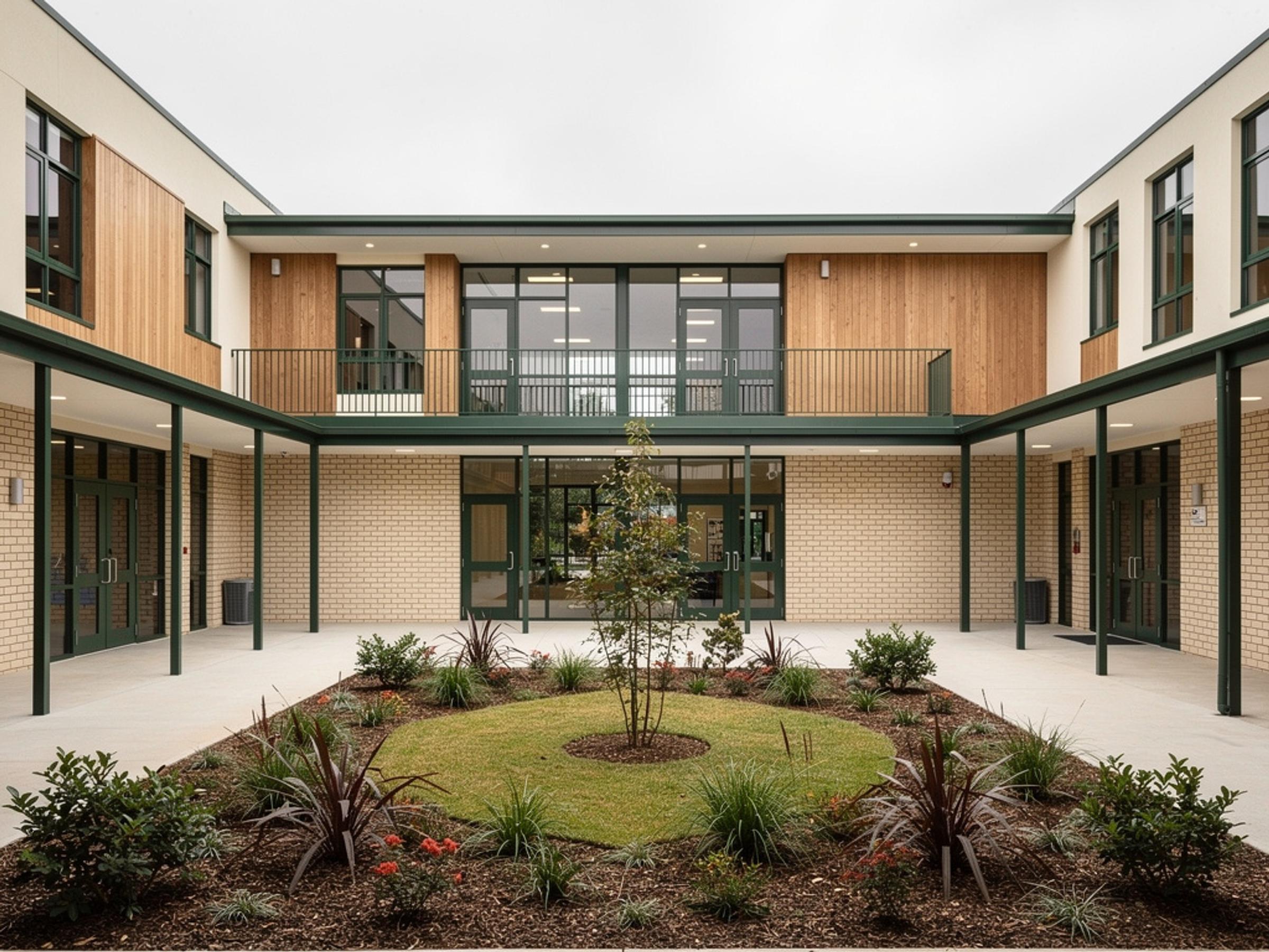A completed school teaching building with a covered walkway and courtyard, illustrative of the building type