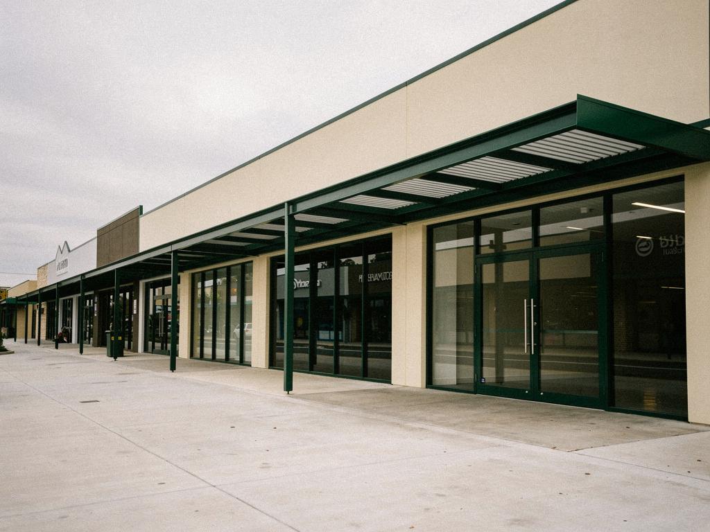 A completed suburban retail strip with glazed shopfronts under an awning, illustrative of the building type