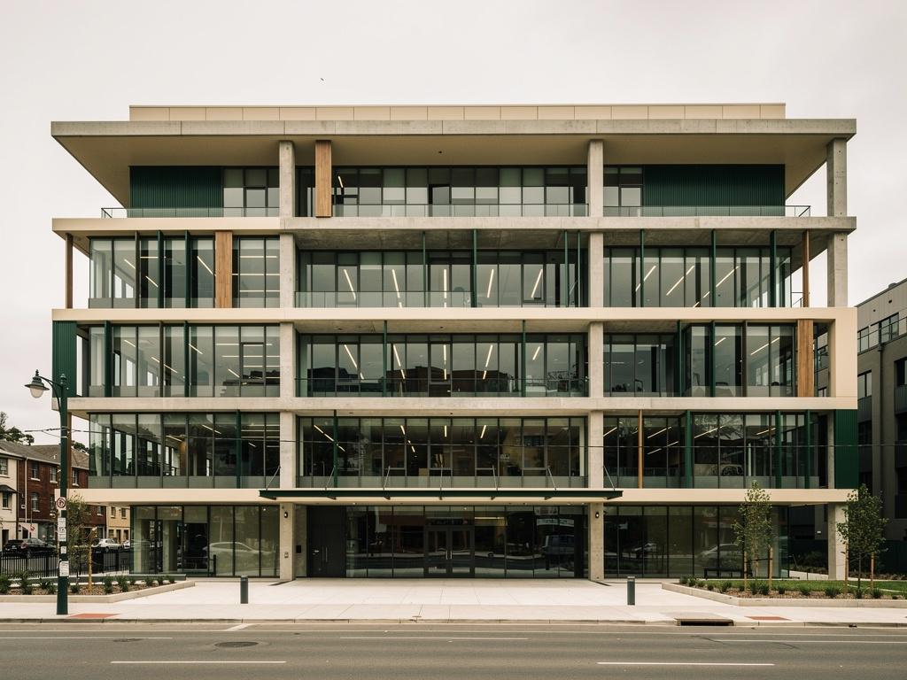 A completed mid-rise commercial office building with a glazed façade, illustrative of the building type