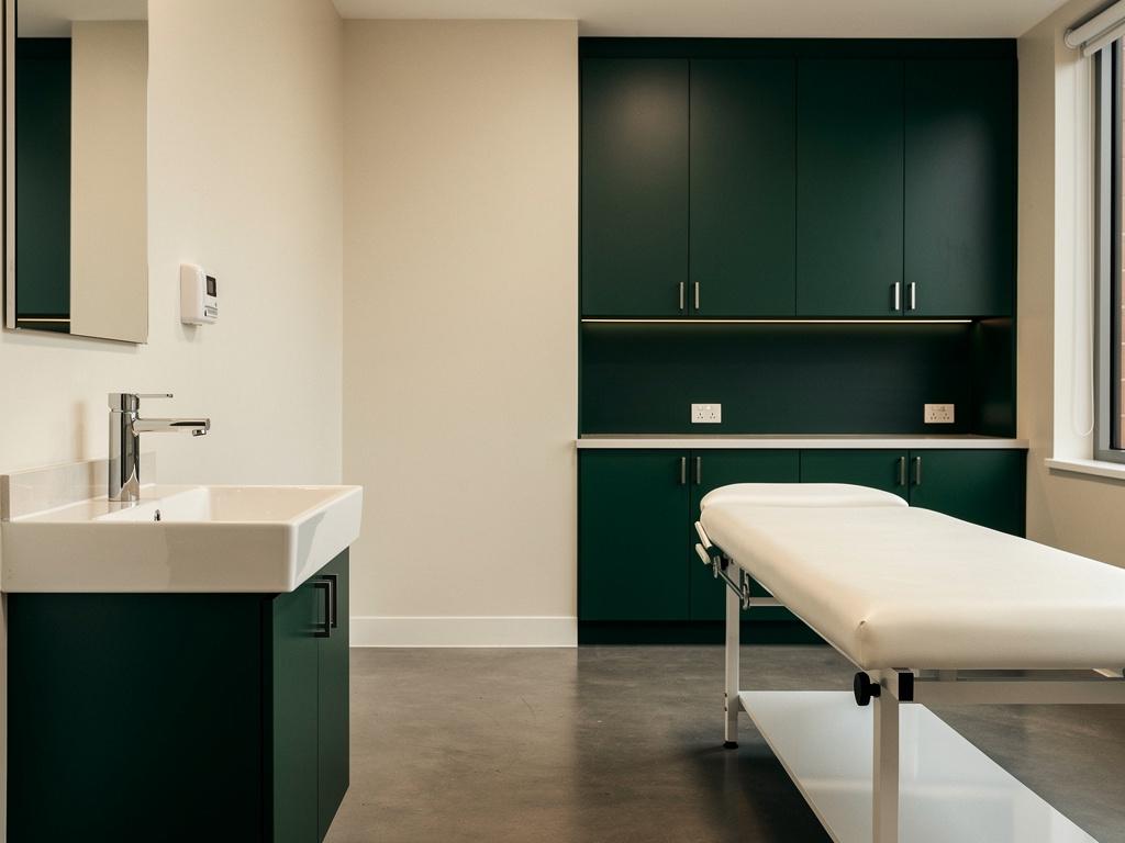 A completed medical consulting room with a clinical basin, illustrative of the building type