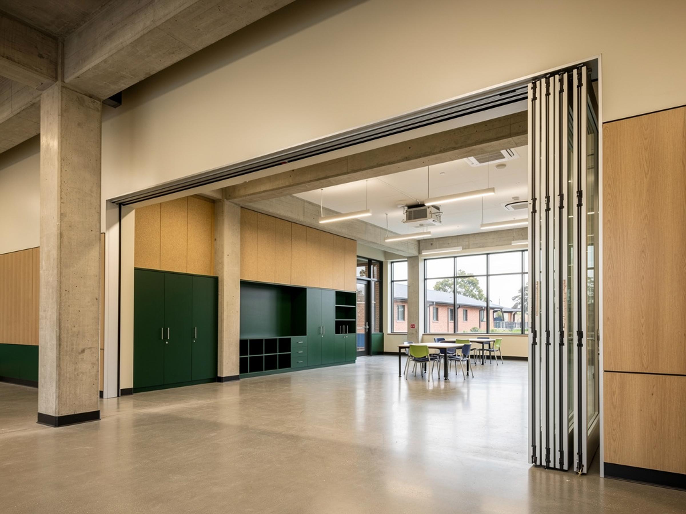 A completed flexible classroom with timber acoustic panels, illustrative of the building type