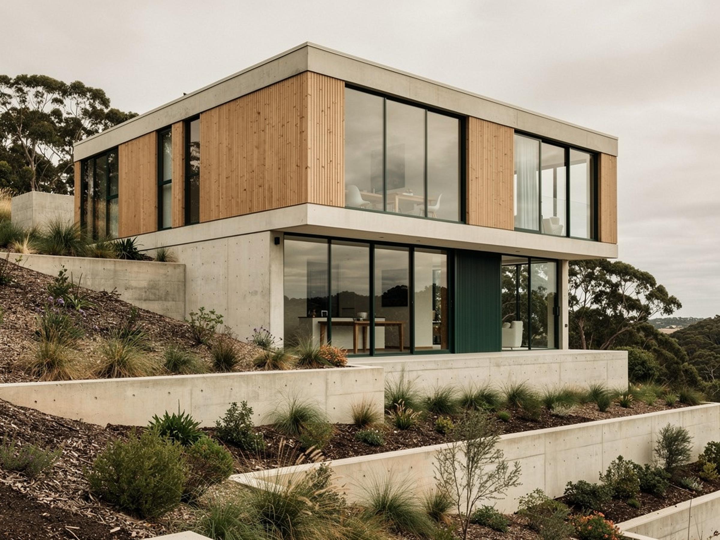 A completed architect-designed two-storey house on a sloping site, illustrative of the building type