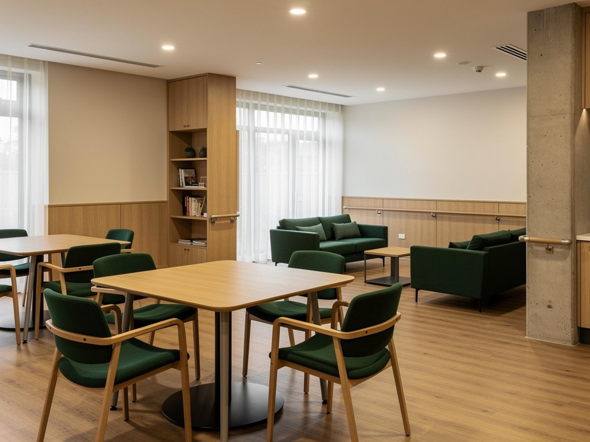 A completed aged care dining and lounge room, illustrative of the building type