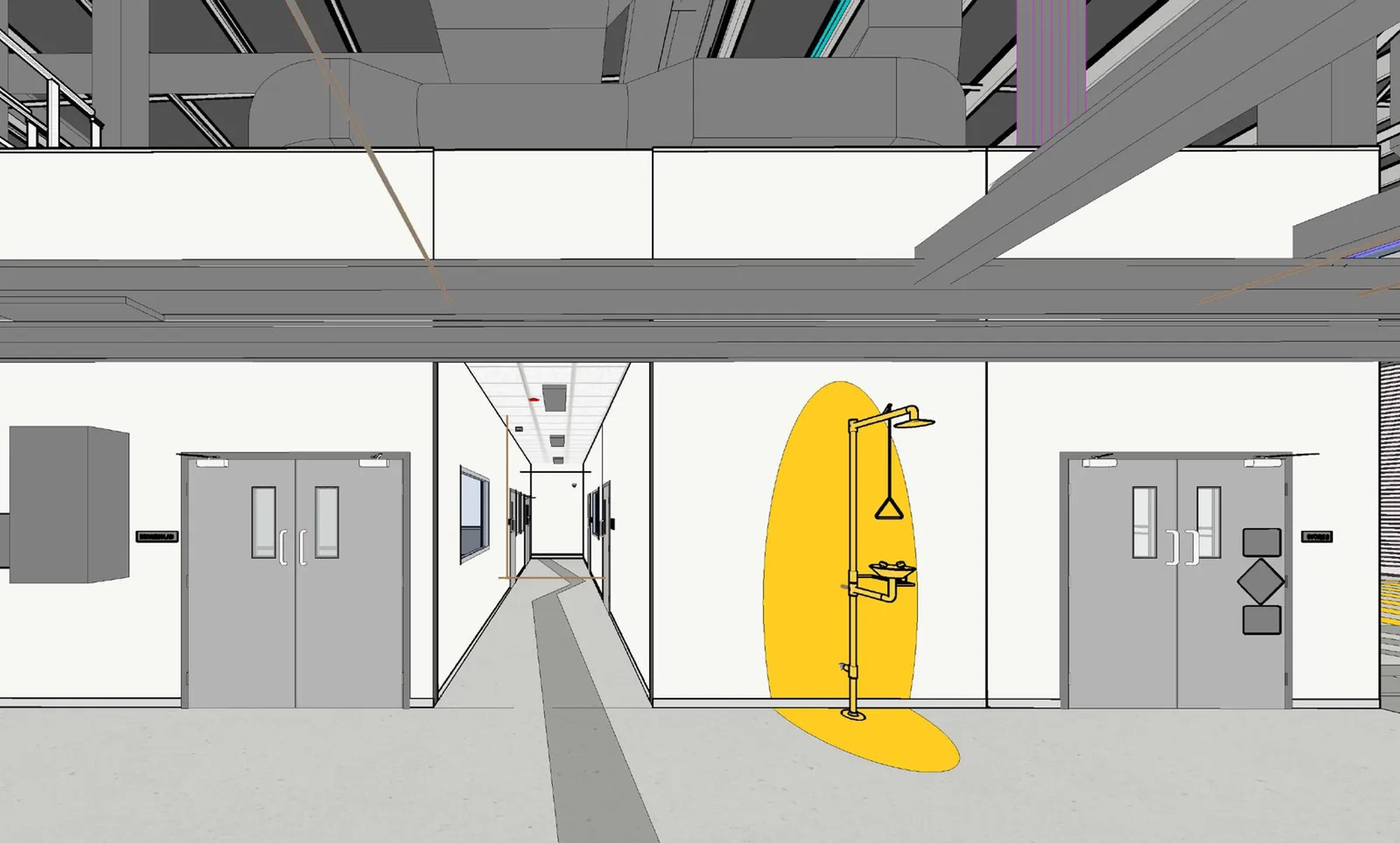 Laboratory corridor with emergency safety shower and eyewash station, indicative design render