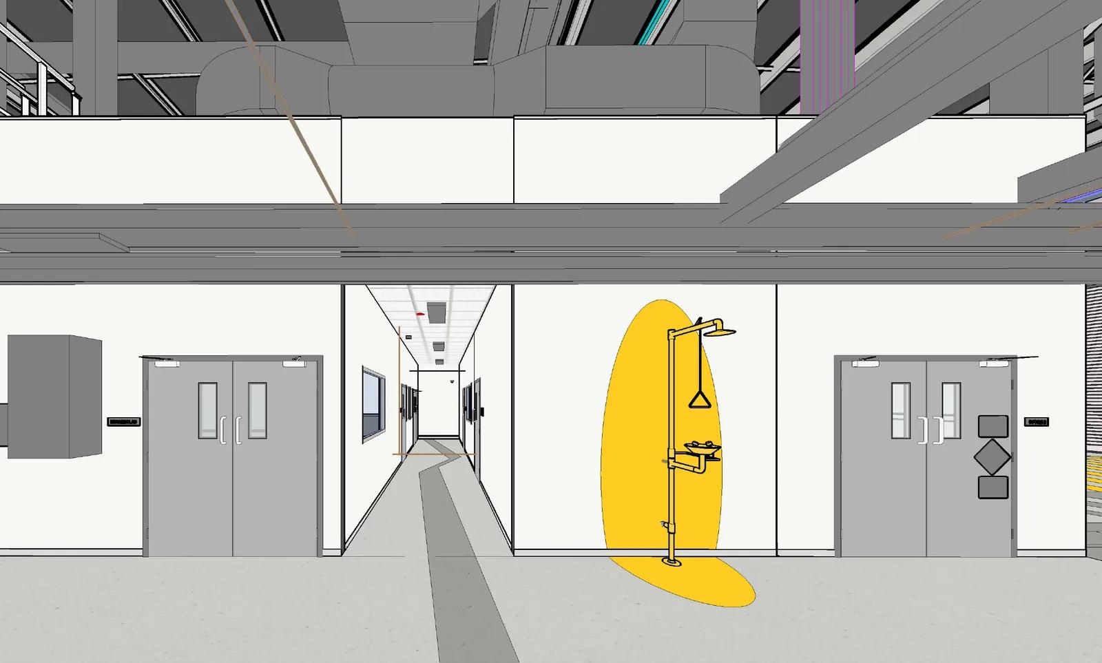 Laboratory corridor with emergency safety shower and eyewash station, indicative design render
