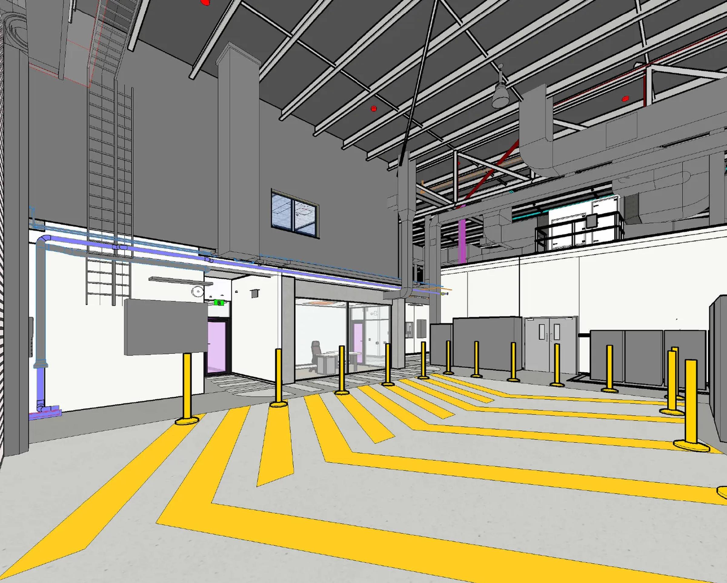 Laboratory loading bay with hatched line marking and bollards, Intertek Sydney laboratory, indicative design render