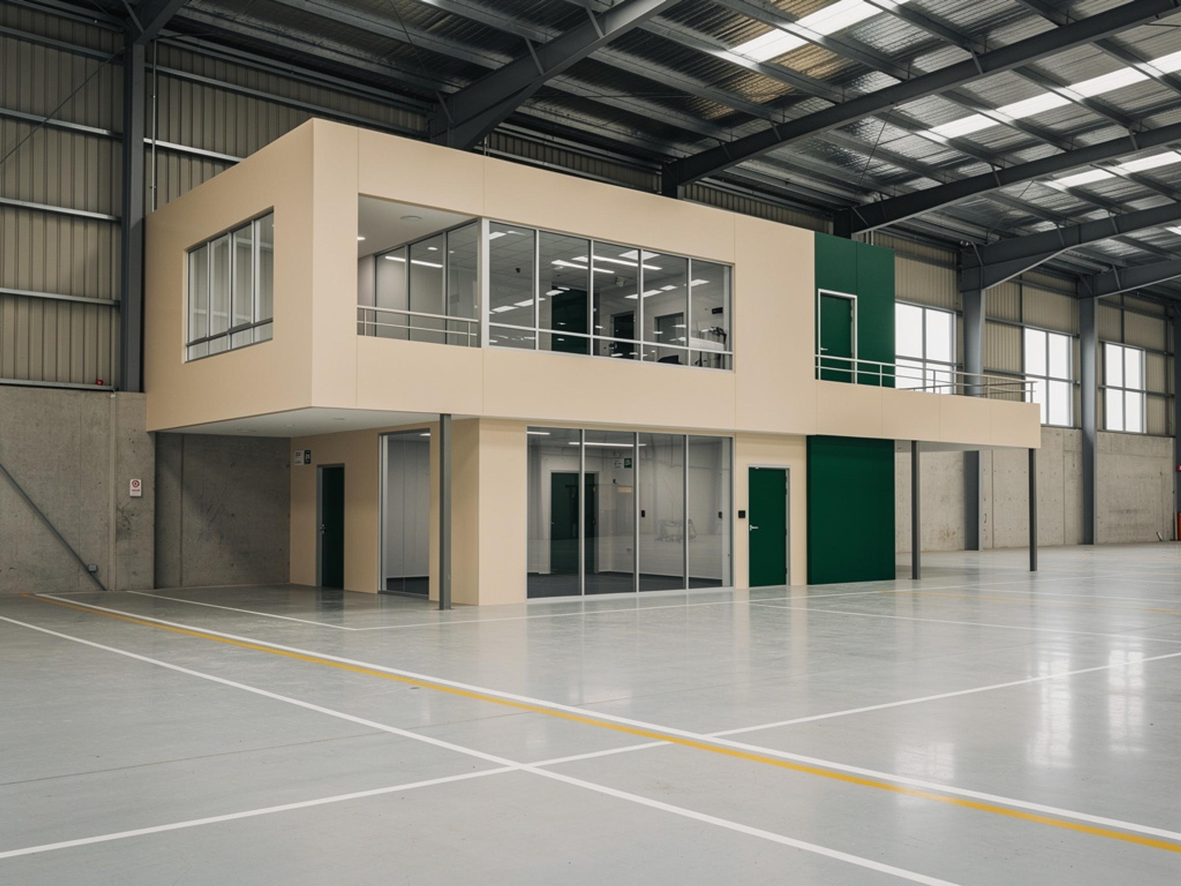 A completed mezzanine office inside a warehouse, illustrative of the building type