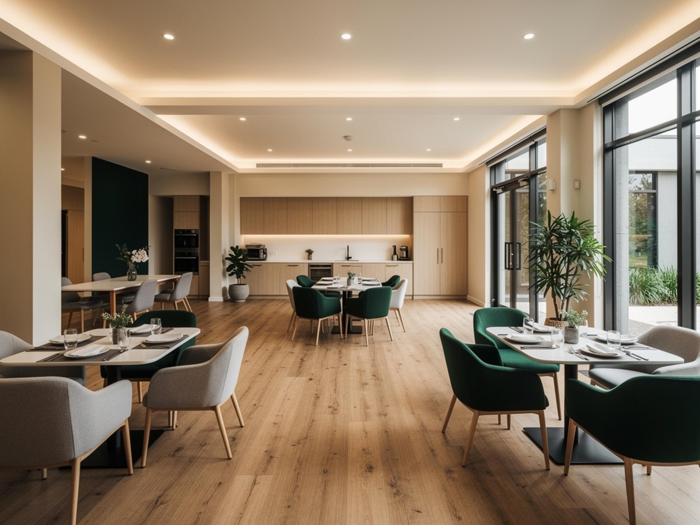 A completed communal lounge and dining room in an aged care facility, illustrative of the building type