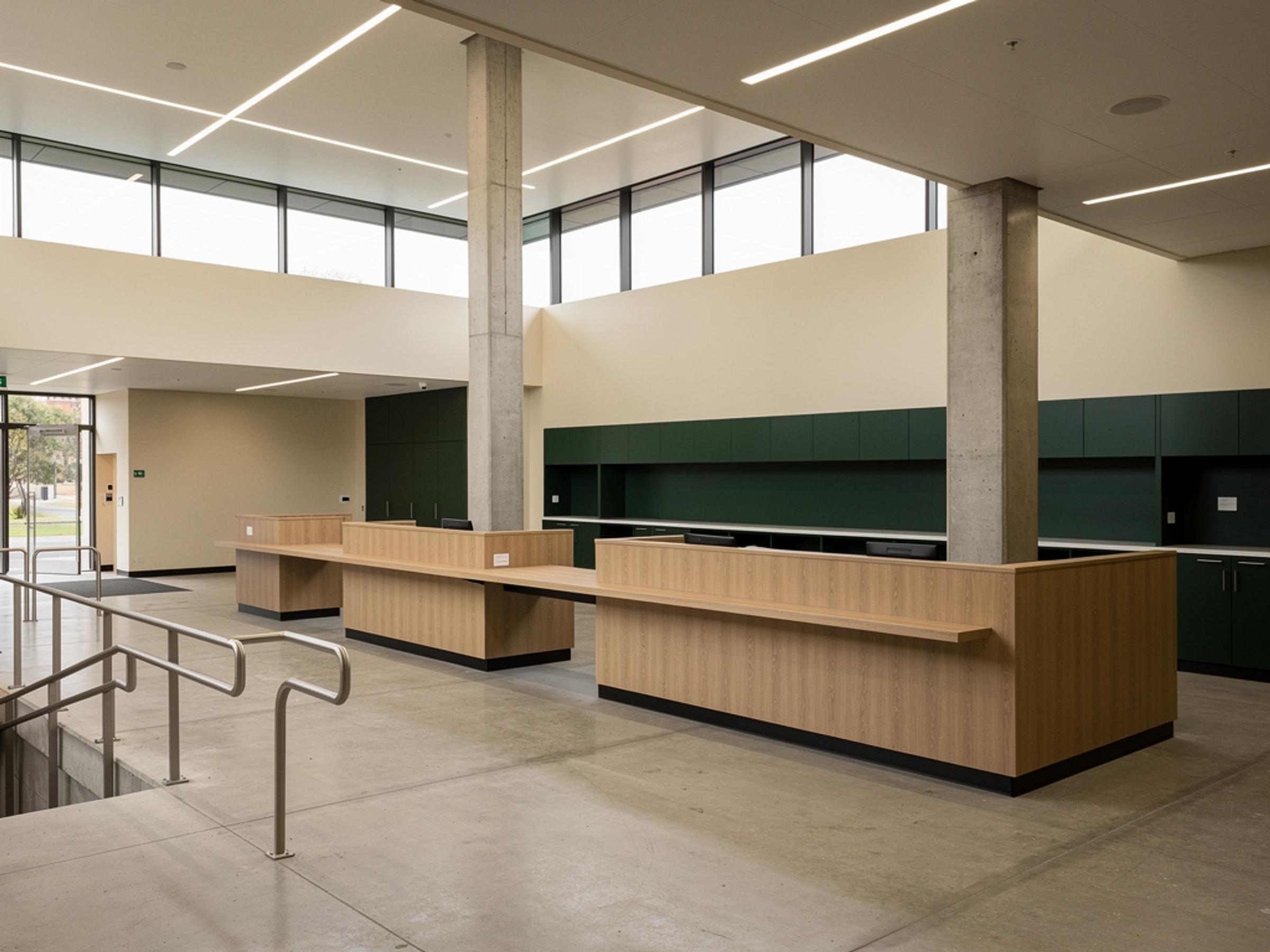 A completed public service centre with timber counters, illustrative of the building type