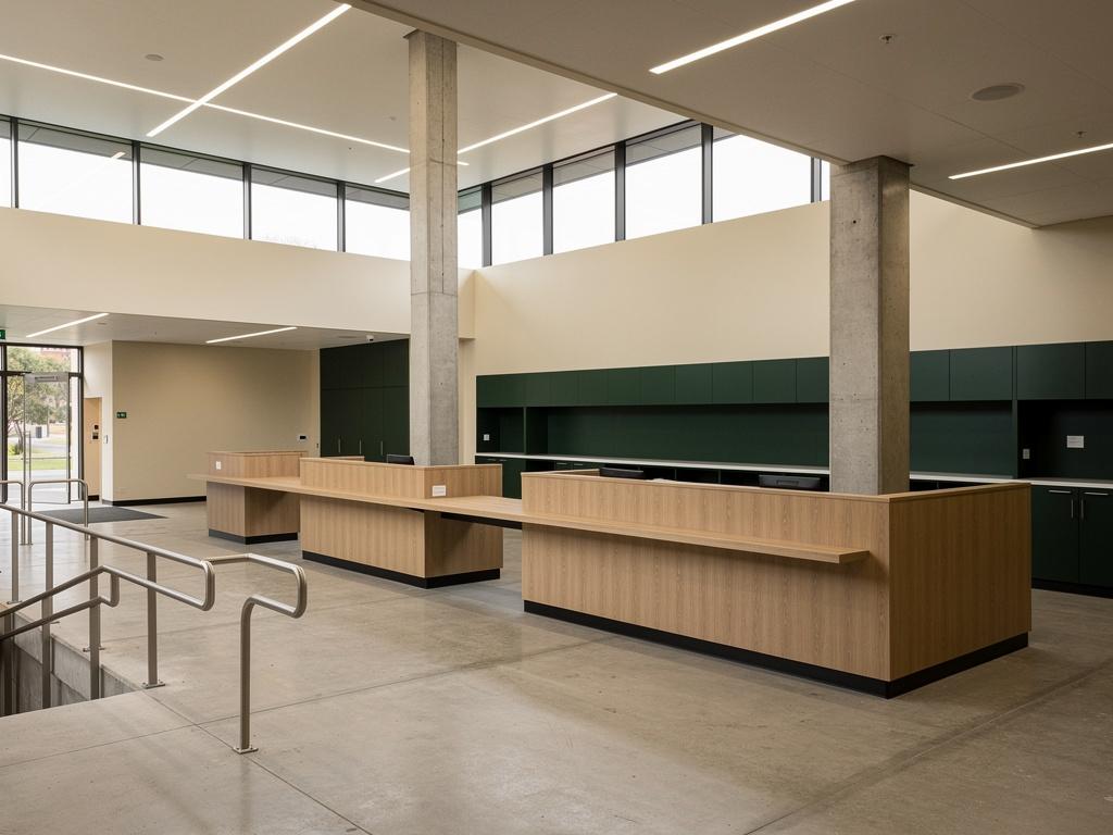 A completed public service centre with timber counters, illustrative of the building type