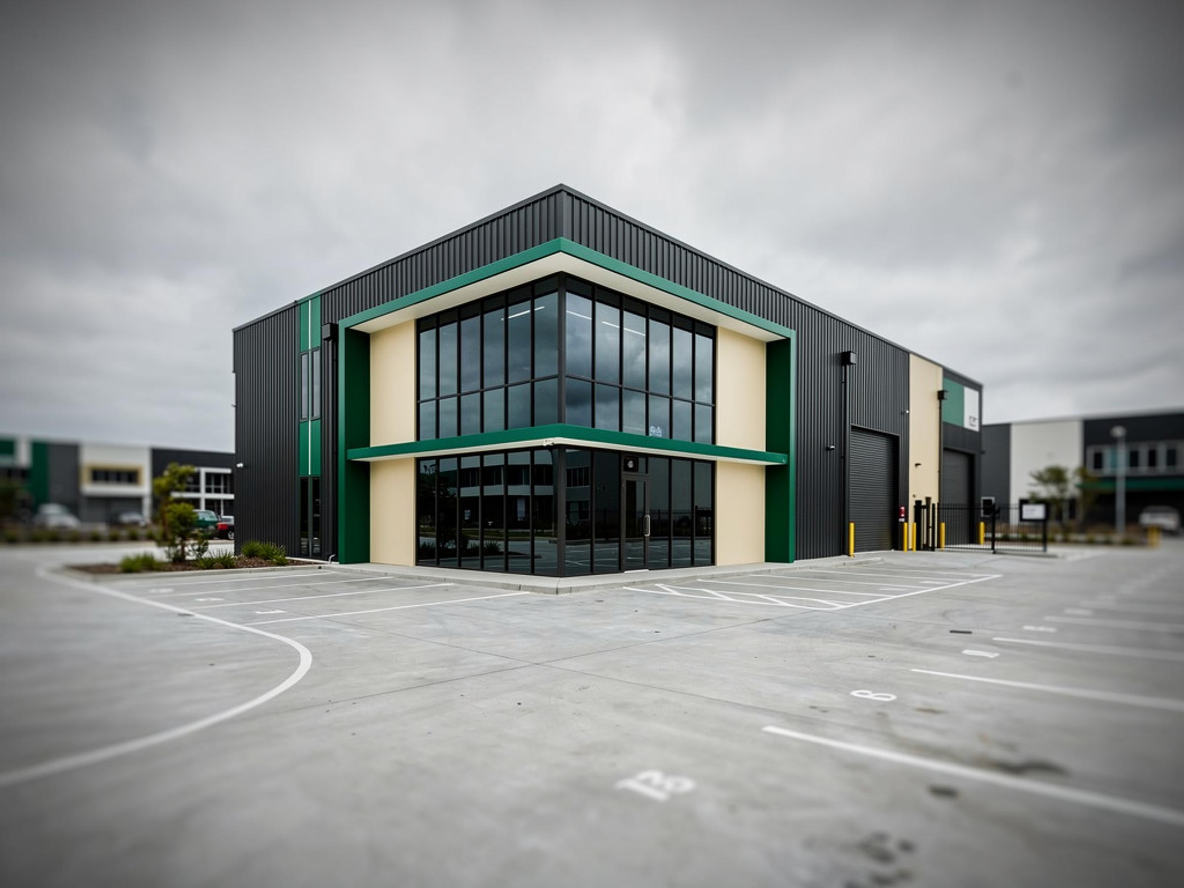 A completed light industrial building with a glazed office front in a business park, illustrative of the building type