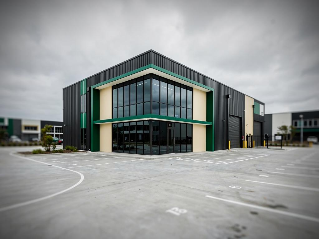 A completed light industrial building with a glazed office front in a business park, illustrative of the building type