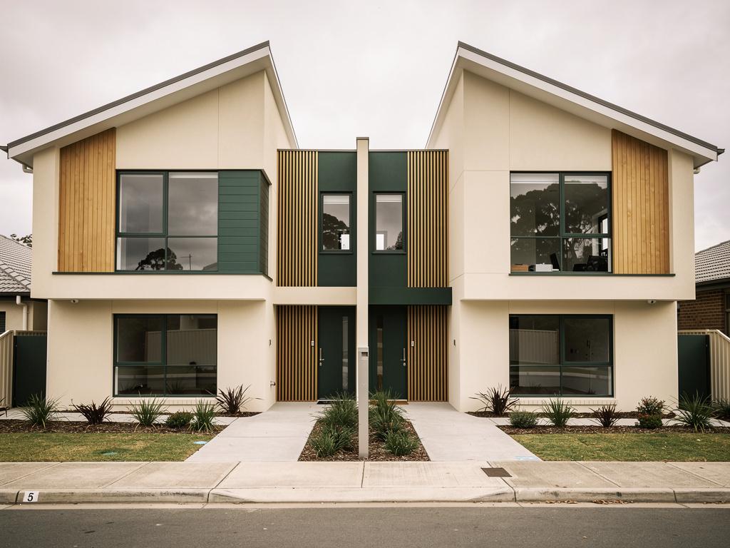 A pair of completed two-storey townhouses seen from the street, illustrative of the building type