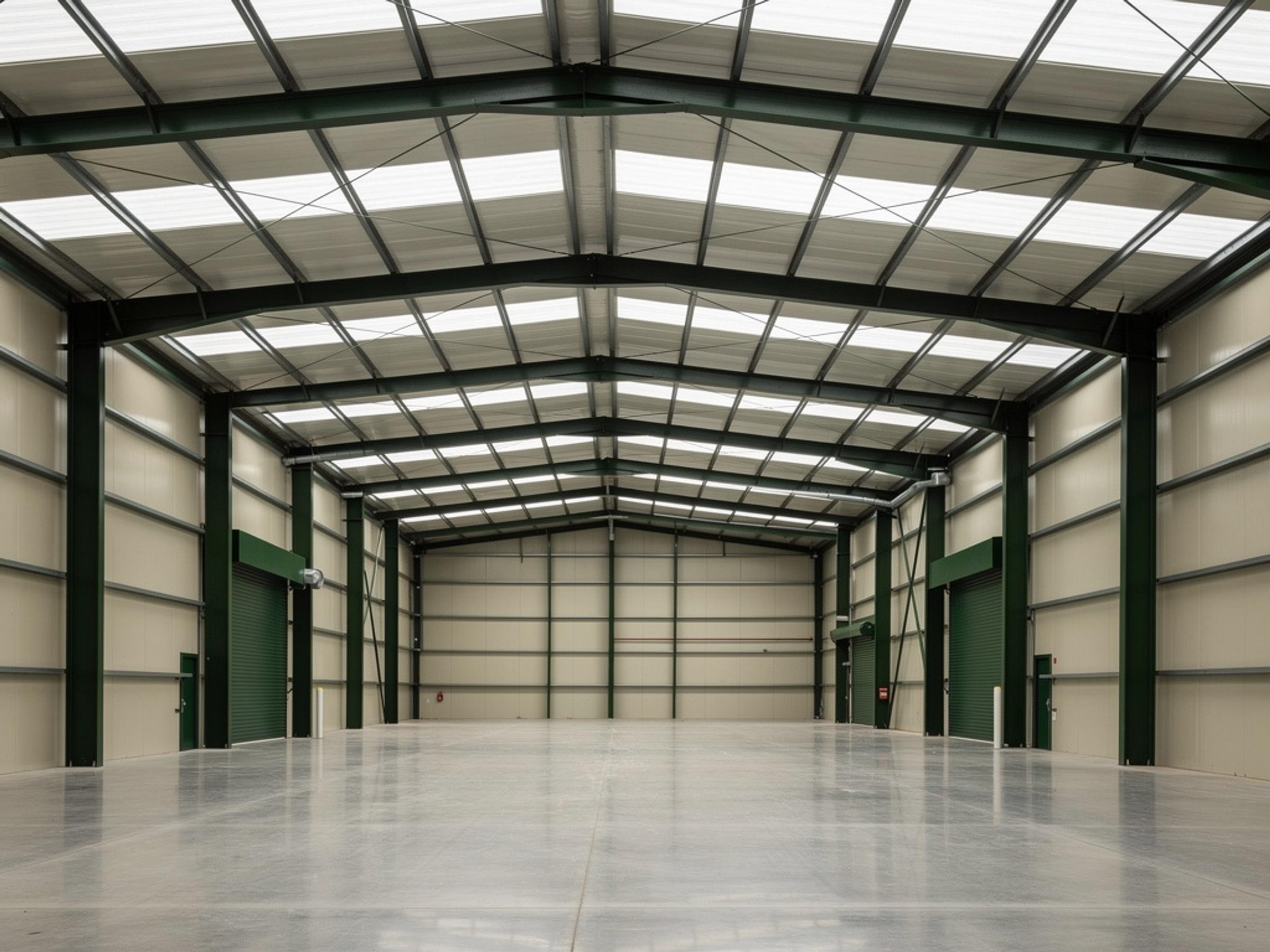 The empty interior of a completed high-bay warehouse, illustrative of the building type