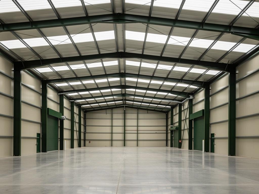 The empty interior of a completed high-bay warehouse, illustrative of the building type
