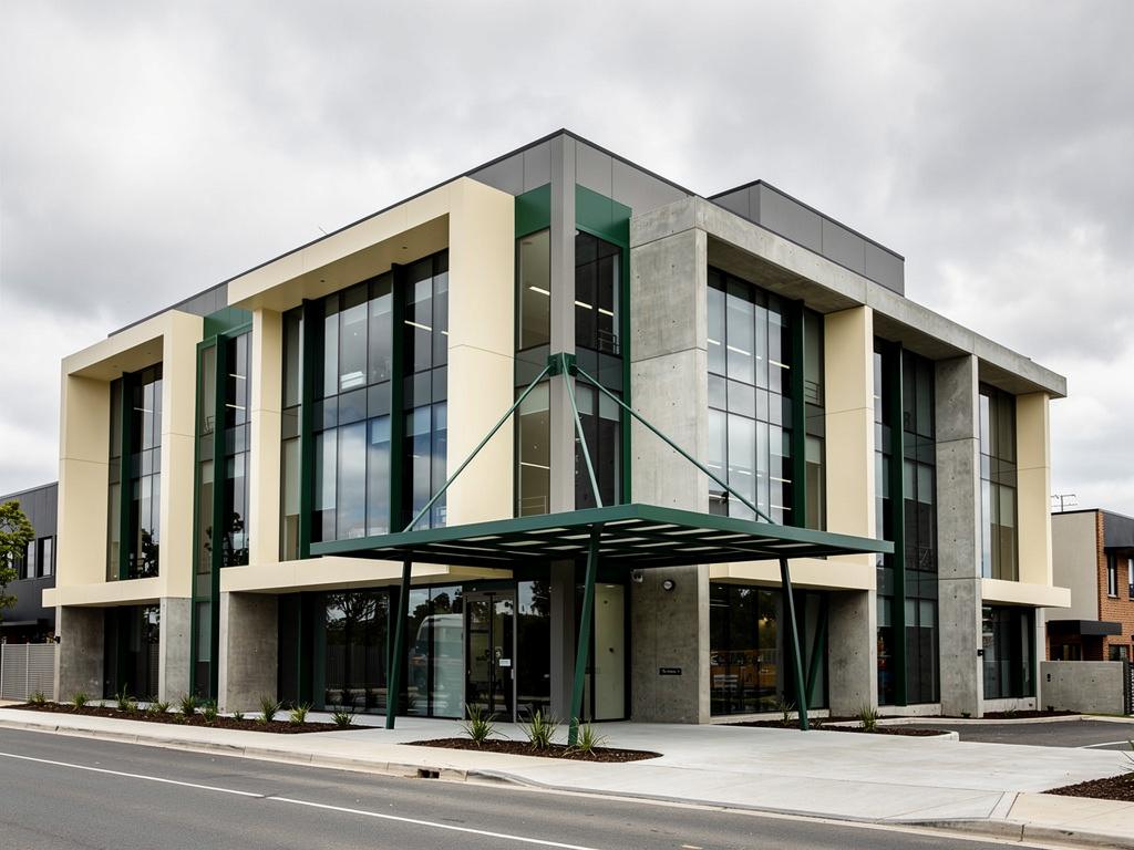 A completed contemporary commercial workplace building with a concrete and glass façade, illustrative of the building type