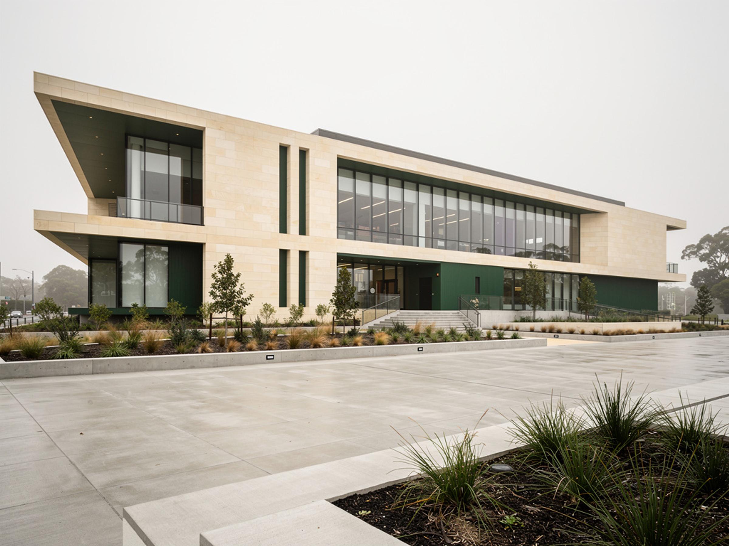 A completed civic building with a public forecourt, illustrative of the building type