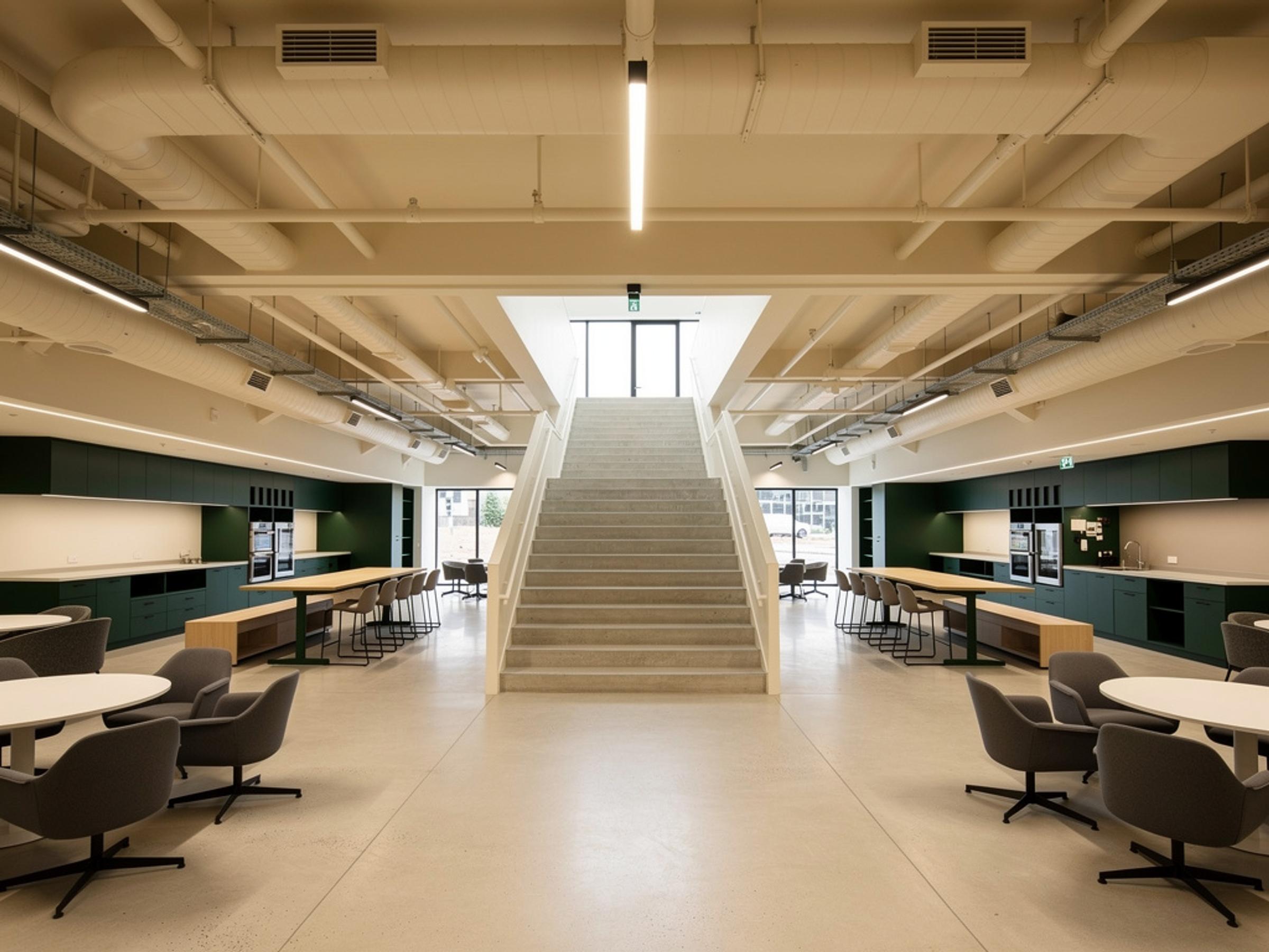 A completed technology workplace with an open stair, illustrative of the building type